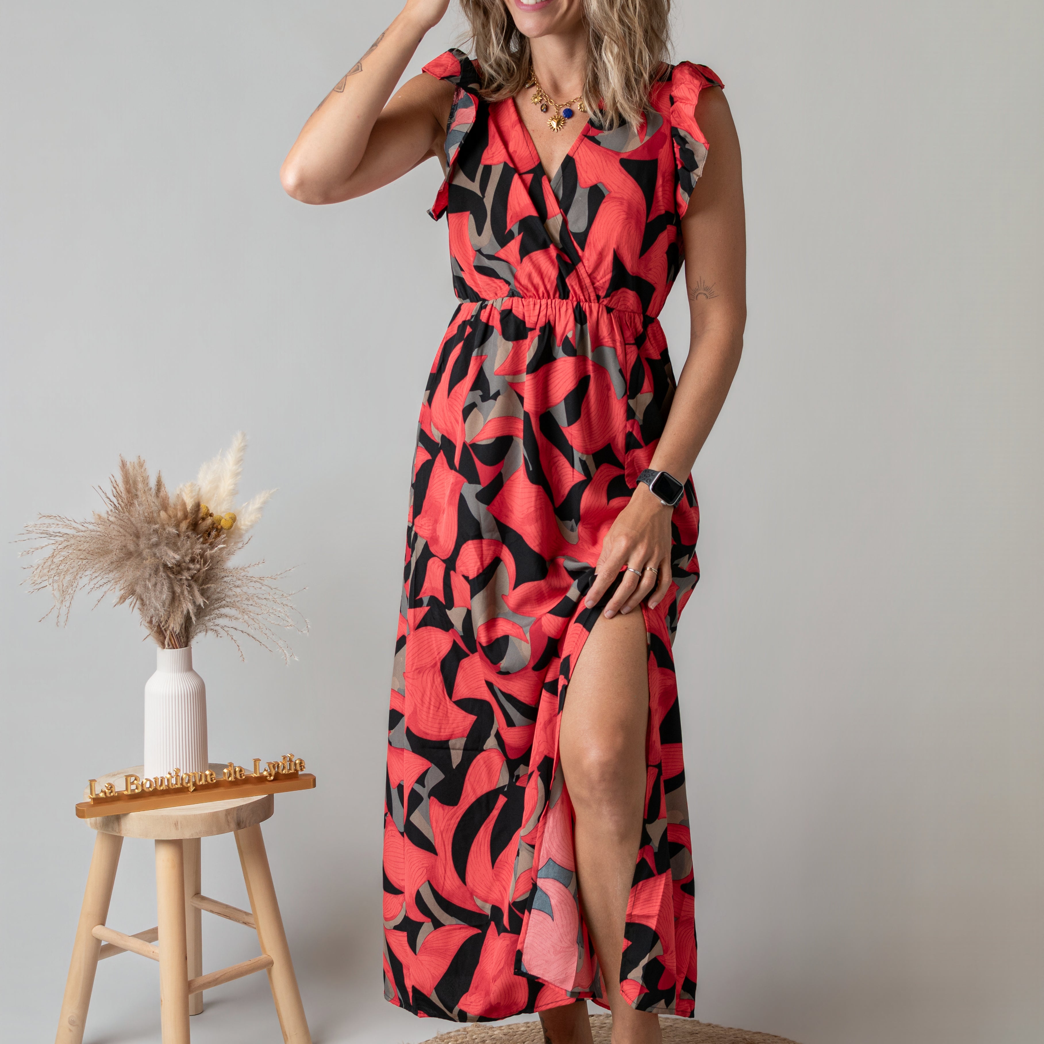 Robe Longue Fleurie Rouge & Noire