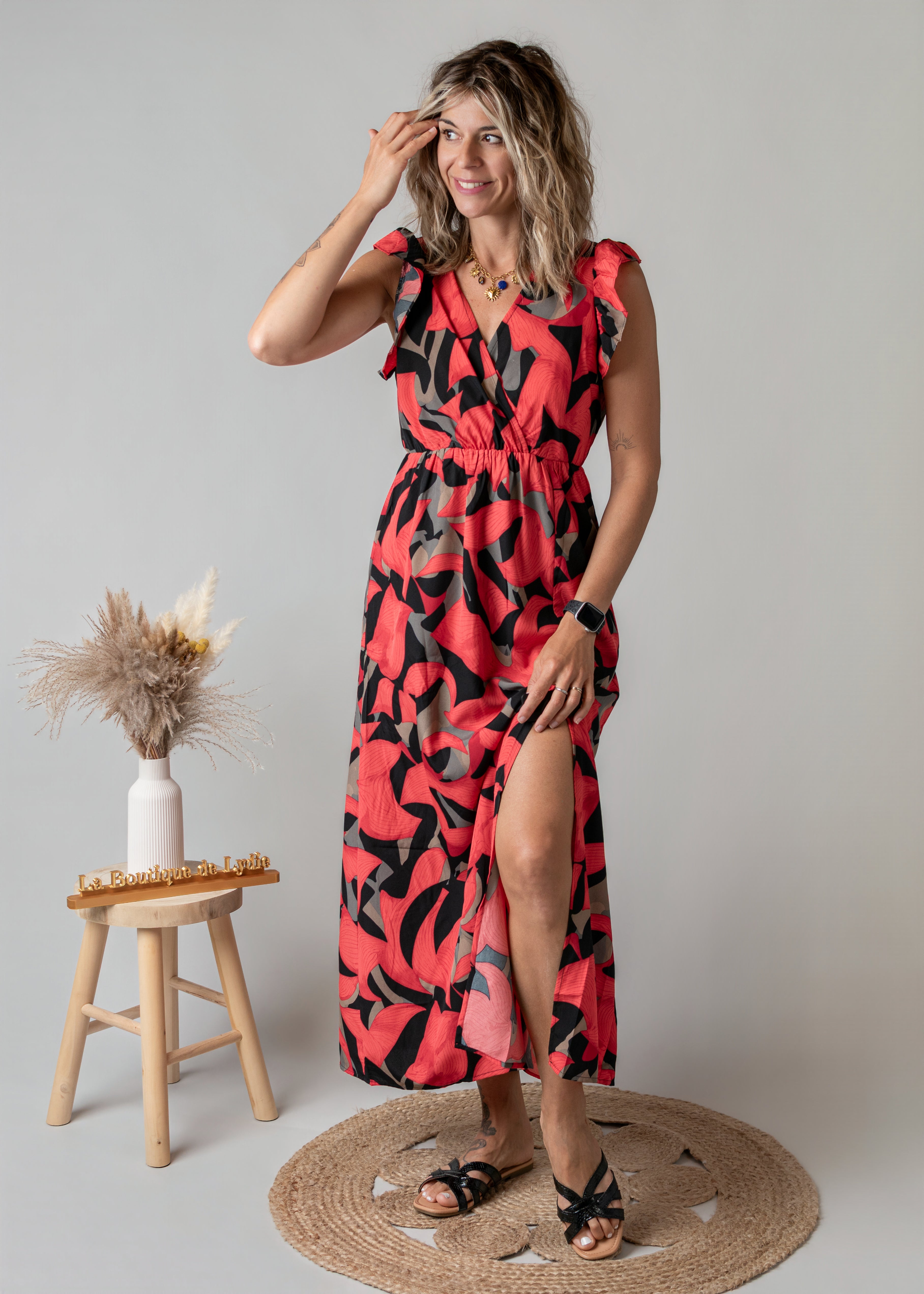 Robe Longue Fleurie Rouge & Noire