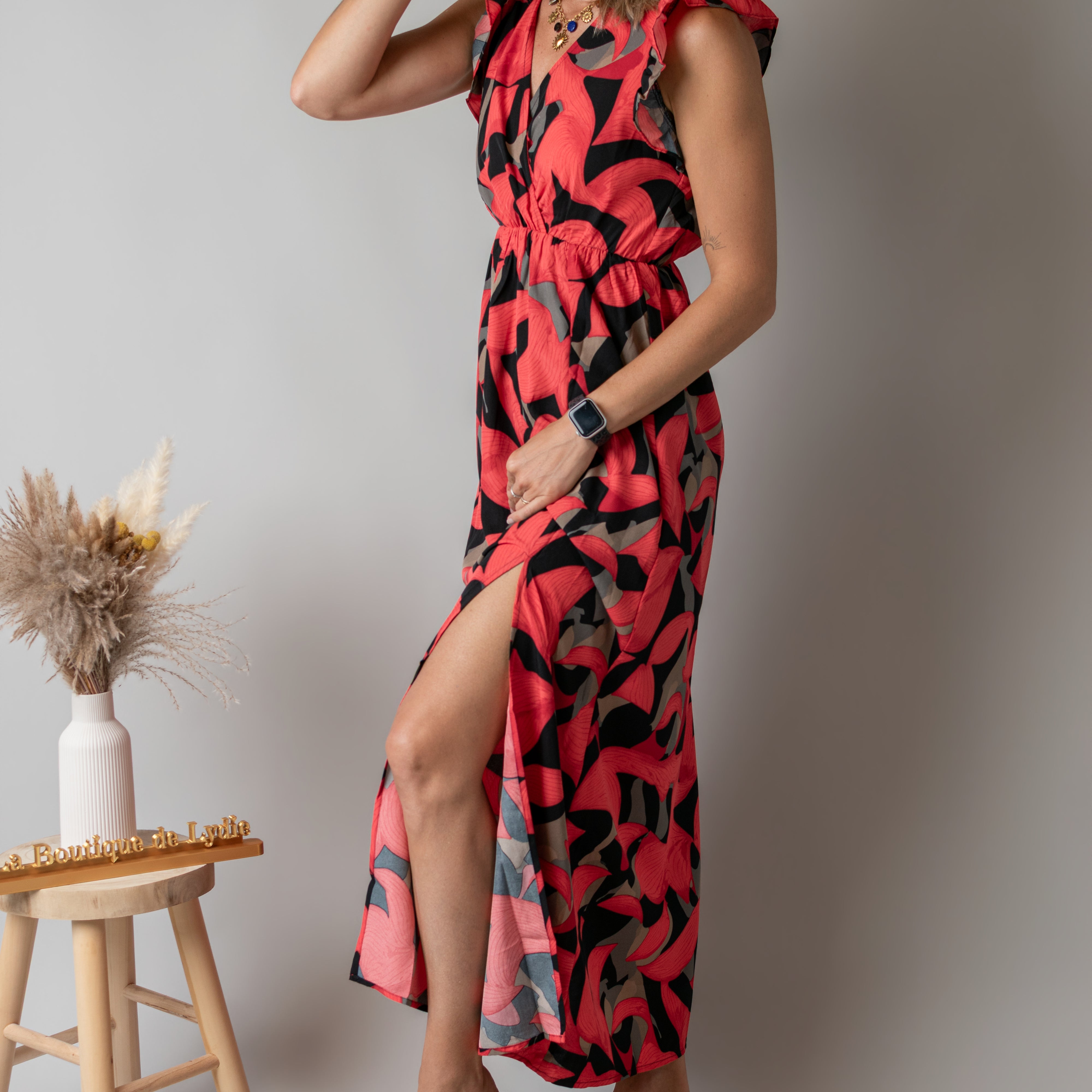 Robe Longue Fleurie Rouge & Noire