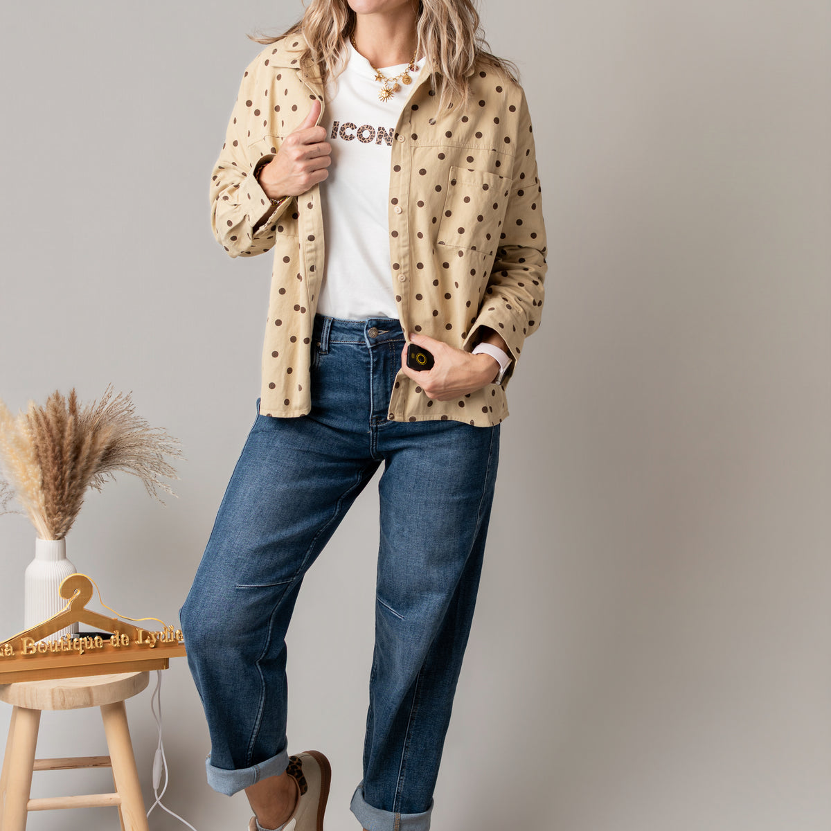 Surchemise en coton beige à pois