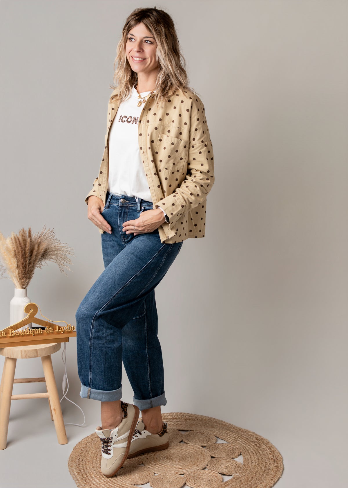 Surchemise en coton beige à pois