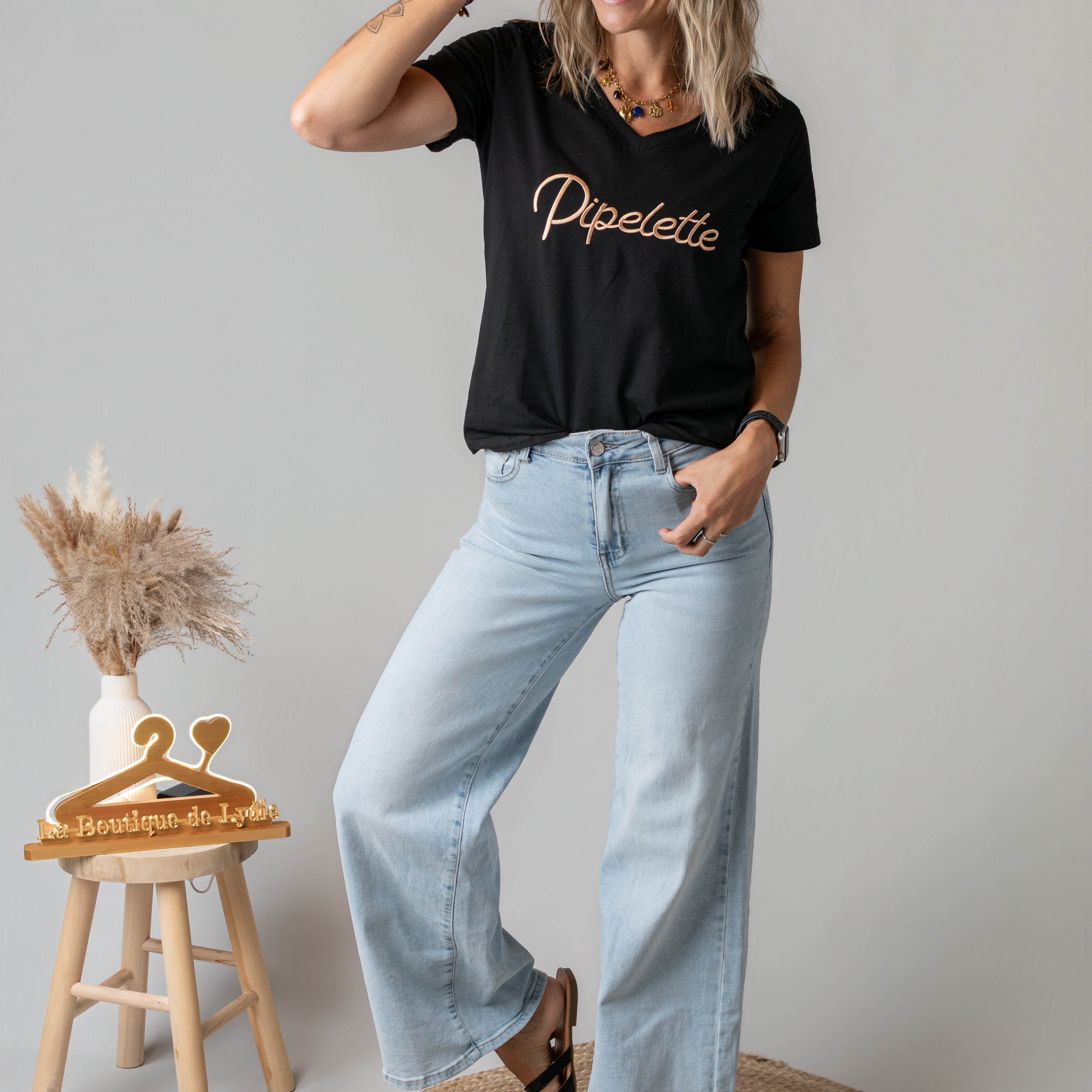 T-shirt noir brodé Pipelette doré