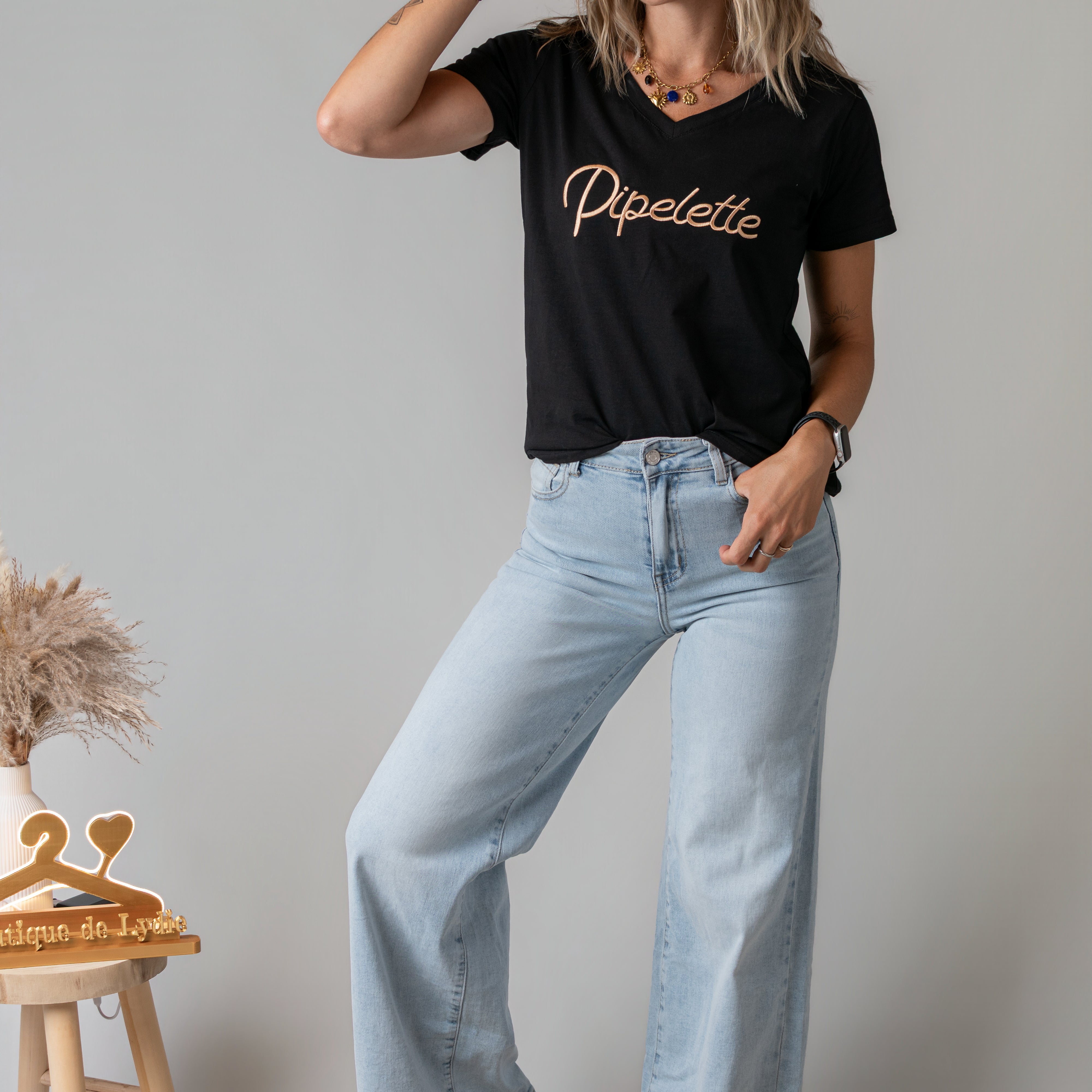 T-shirt noir brodé Pipelette doré