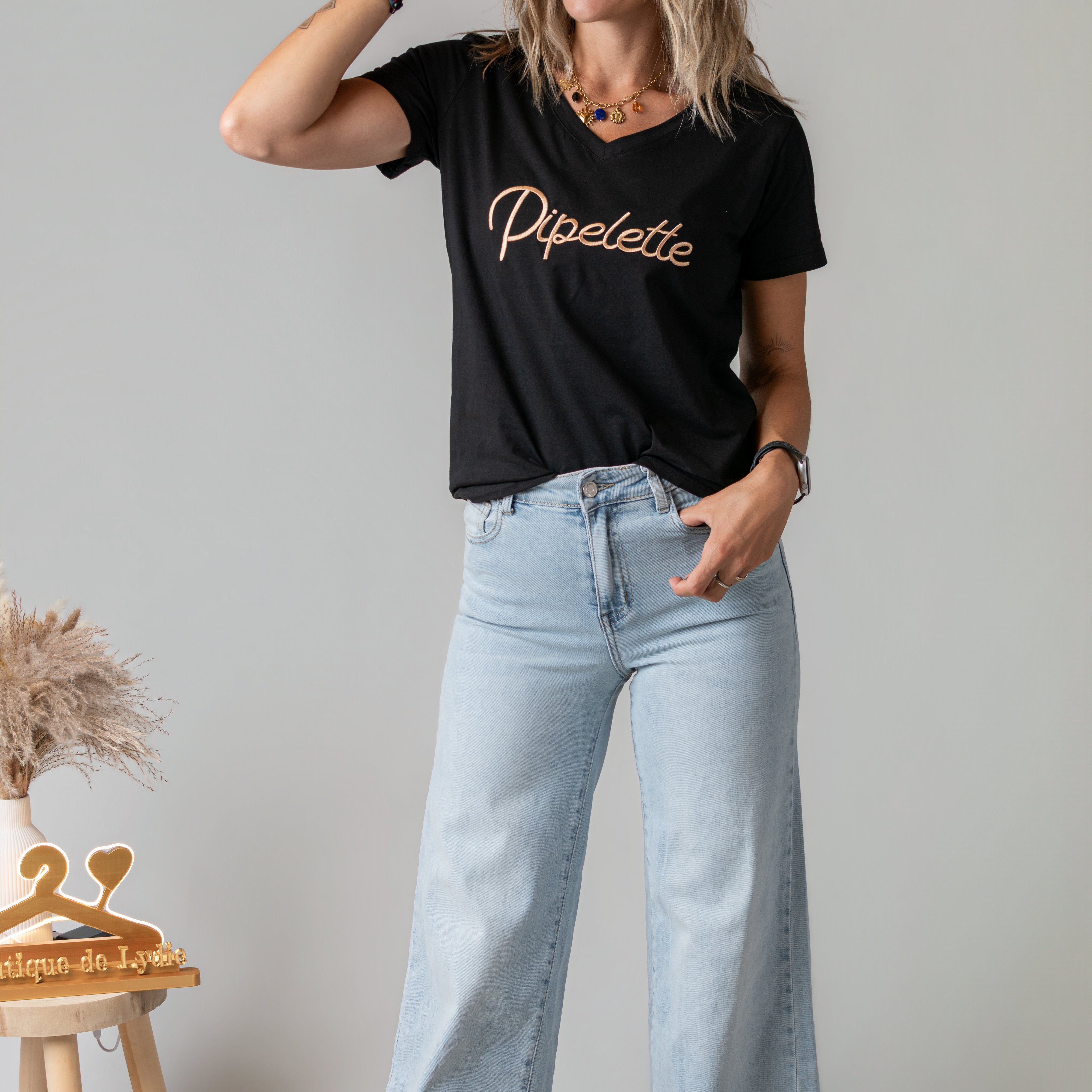 T-shirt noir brodé Pipelette doré