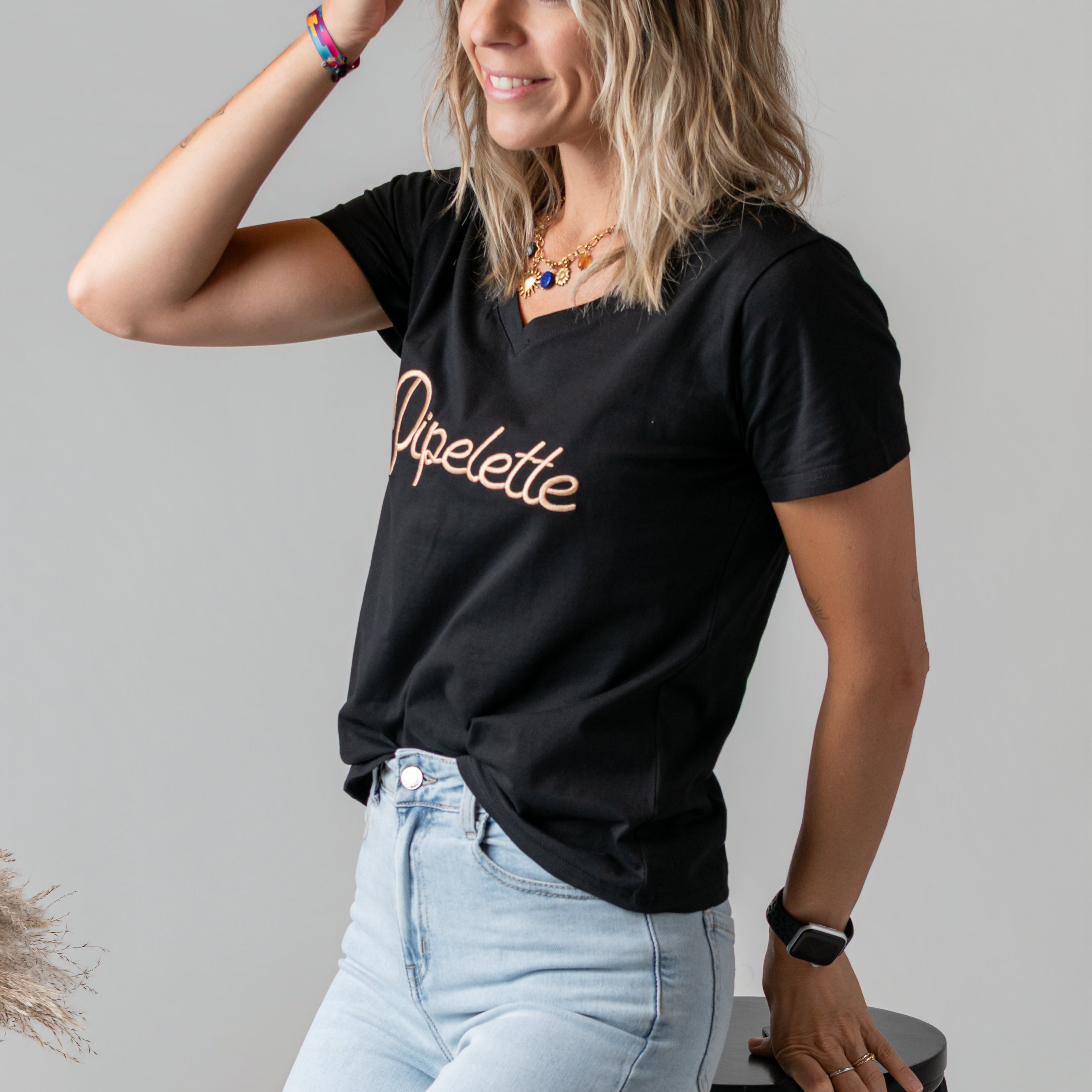 T-shirt noir brodé Pipelette doré
