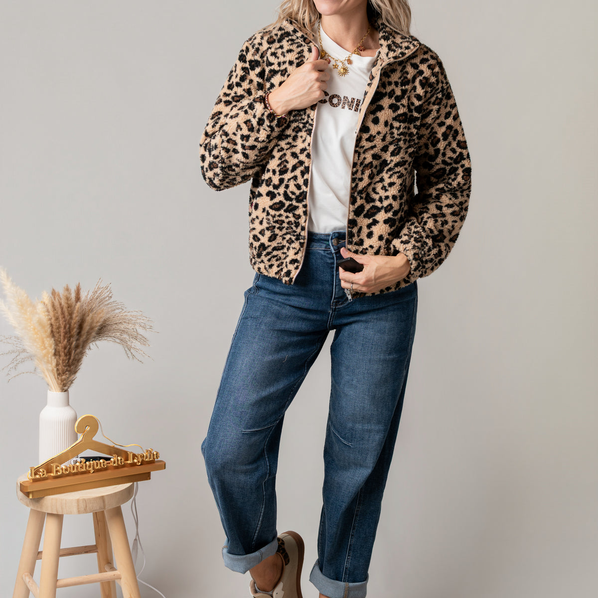 Veste zippée moumoute léopard