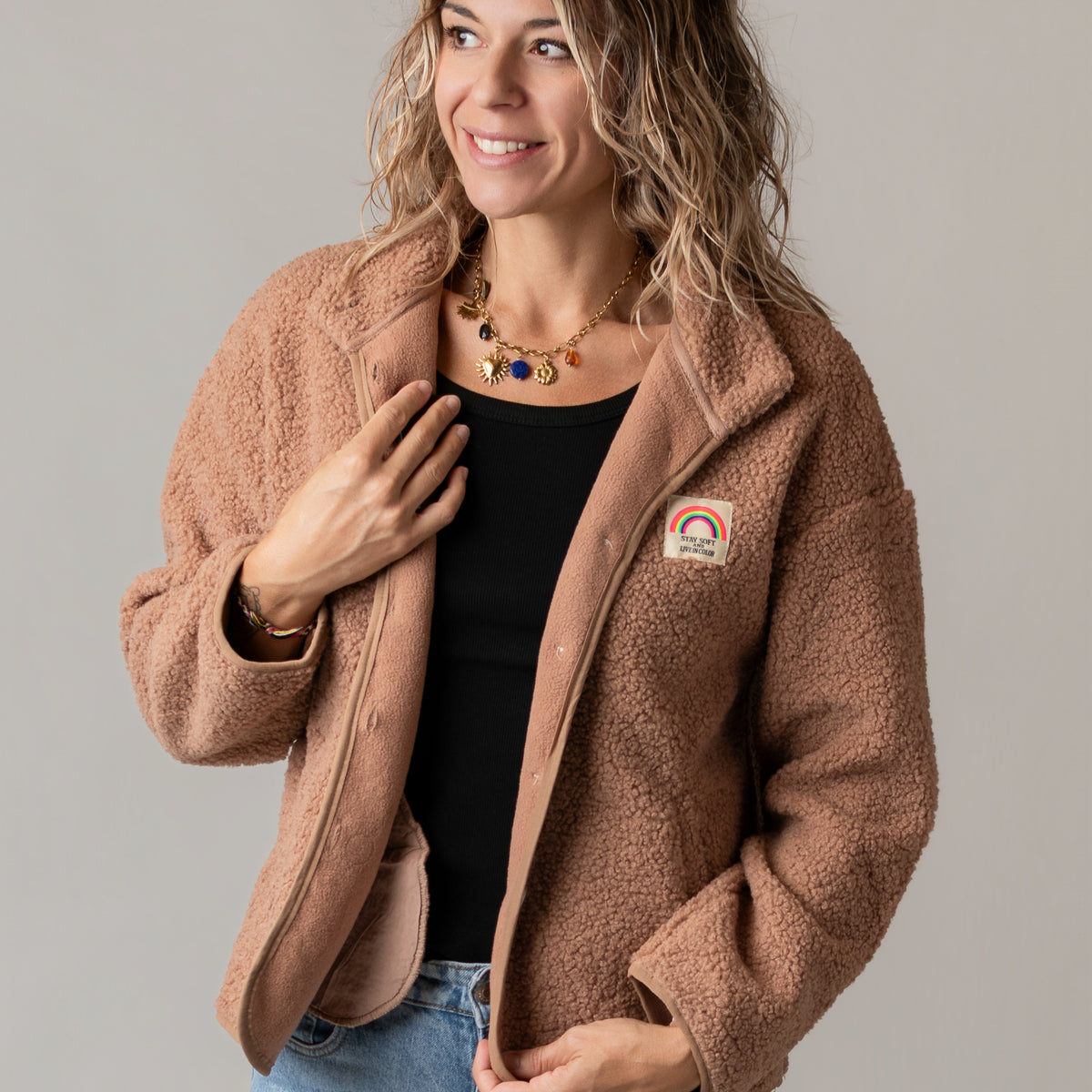 Veste bouclette camel rosé la Boutique de Lydie