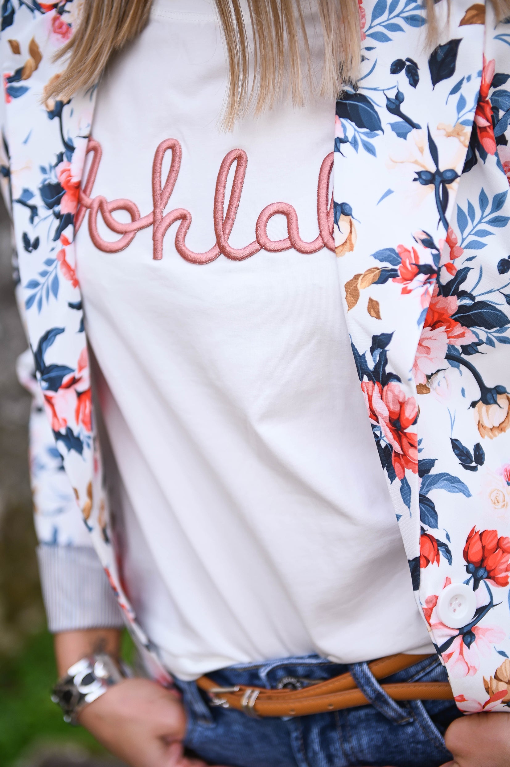 T-shirt blanc brodé Oohlala rose la boutique de lydie