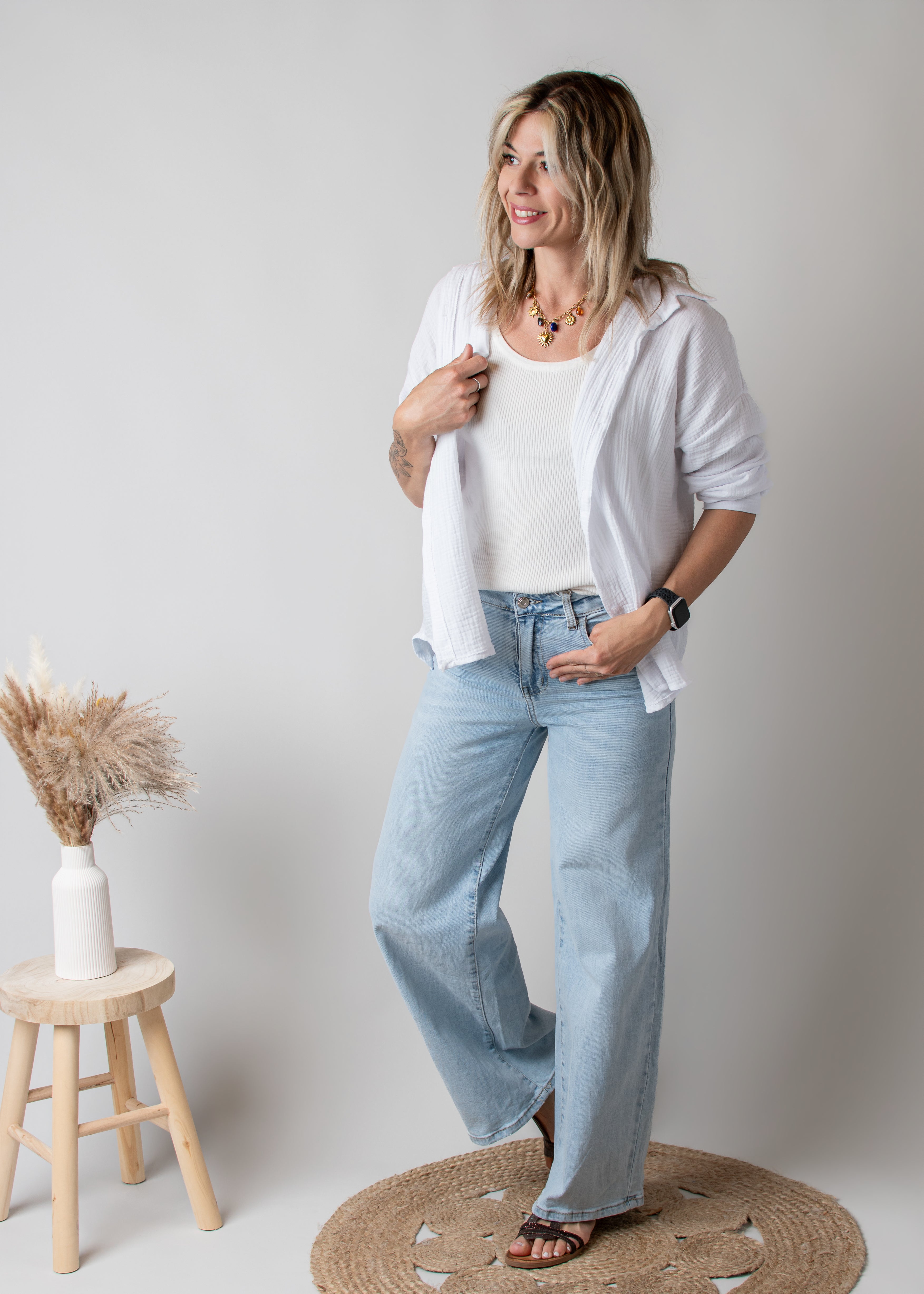 Chemise en Gaze de Coton Blanche floqué leopard