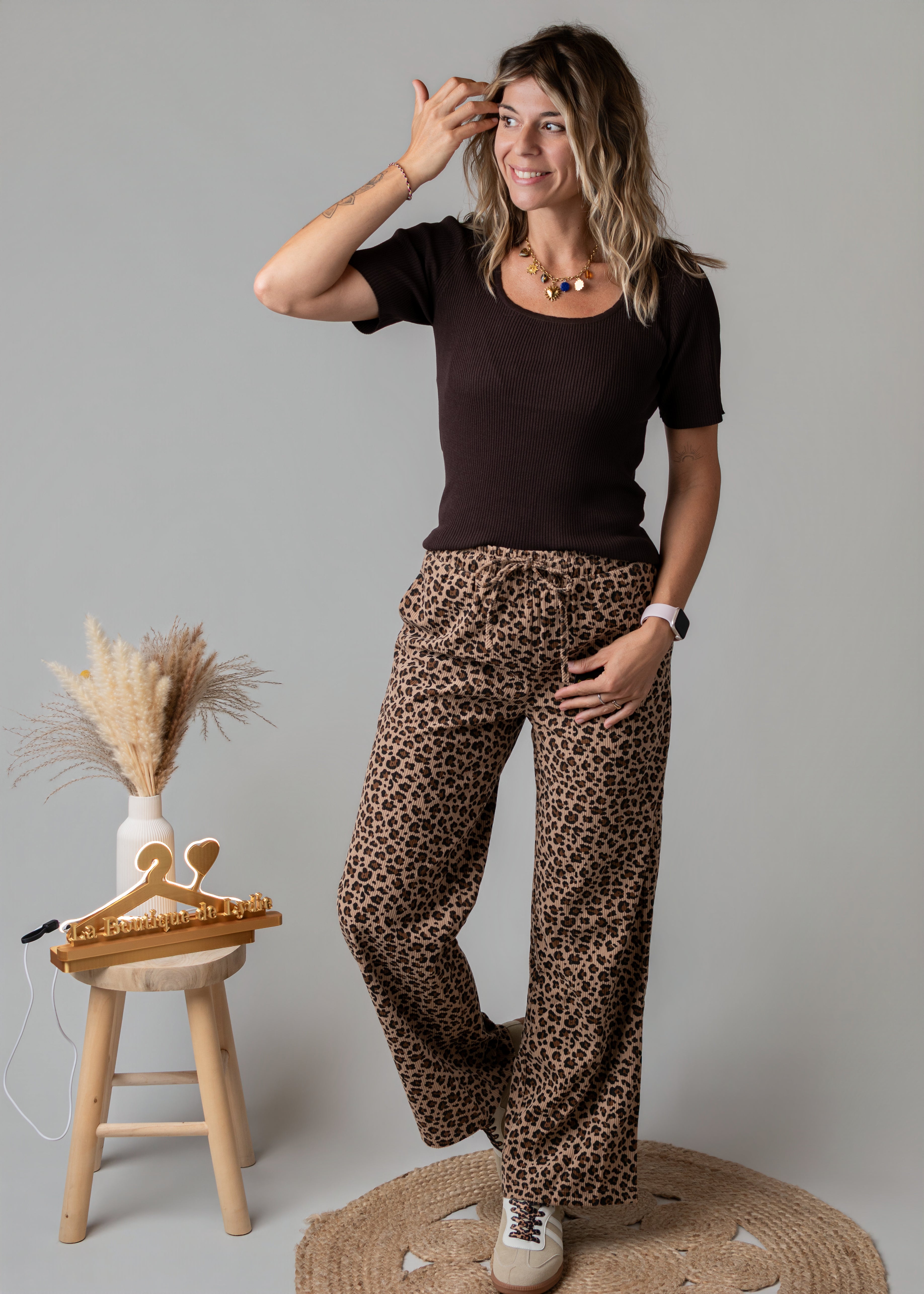 Pantalon fluide velours côtelé léopard