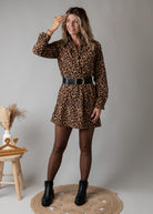 Robe chemise droite velours côtelé léopard 