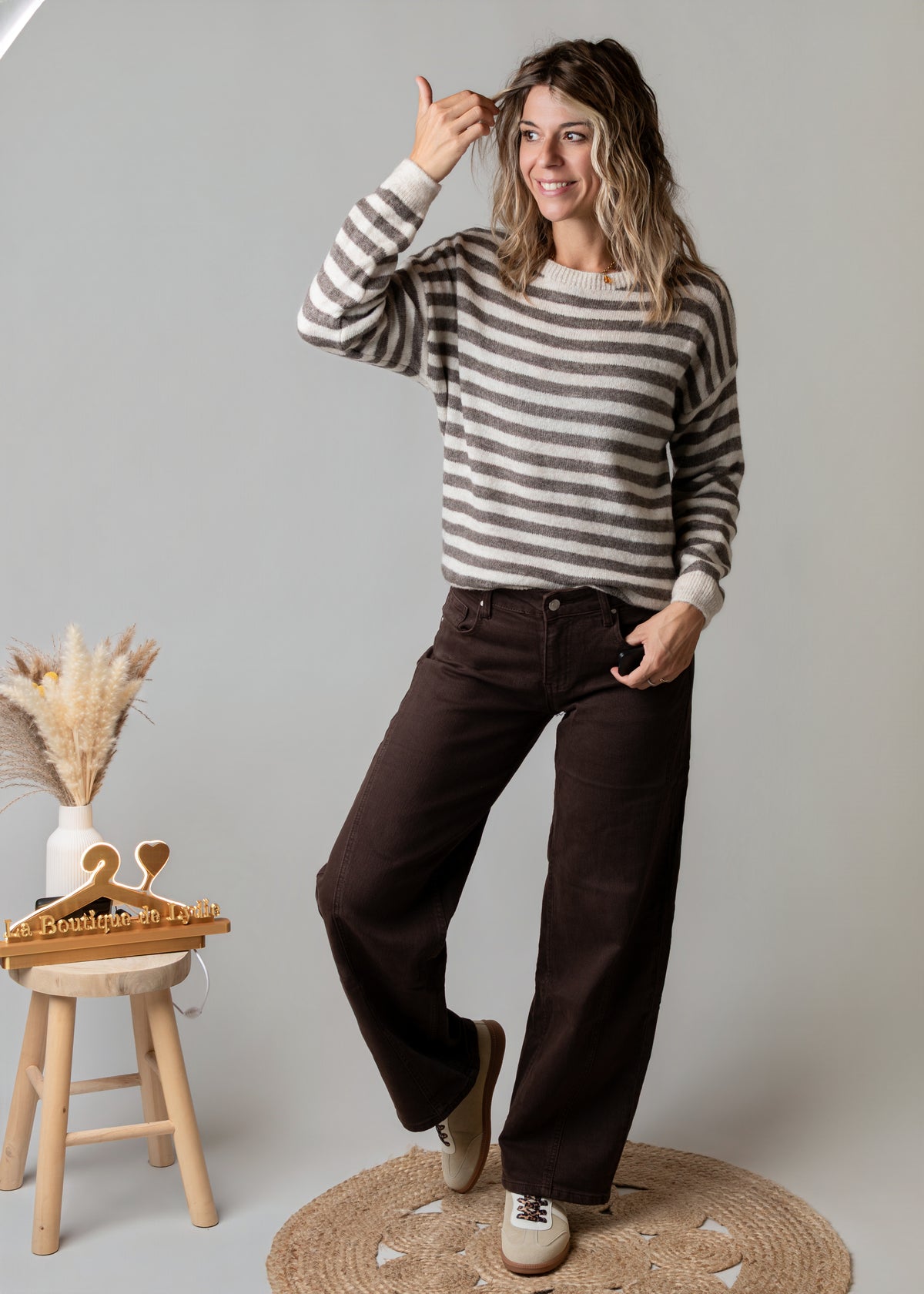 Pantalon barrel chocolat femme