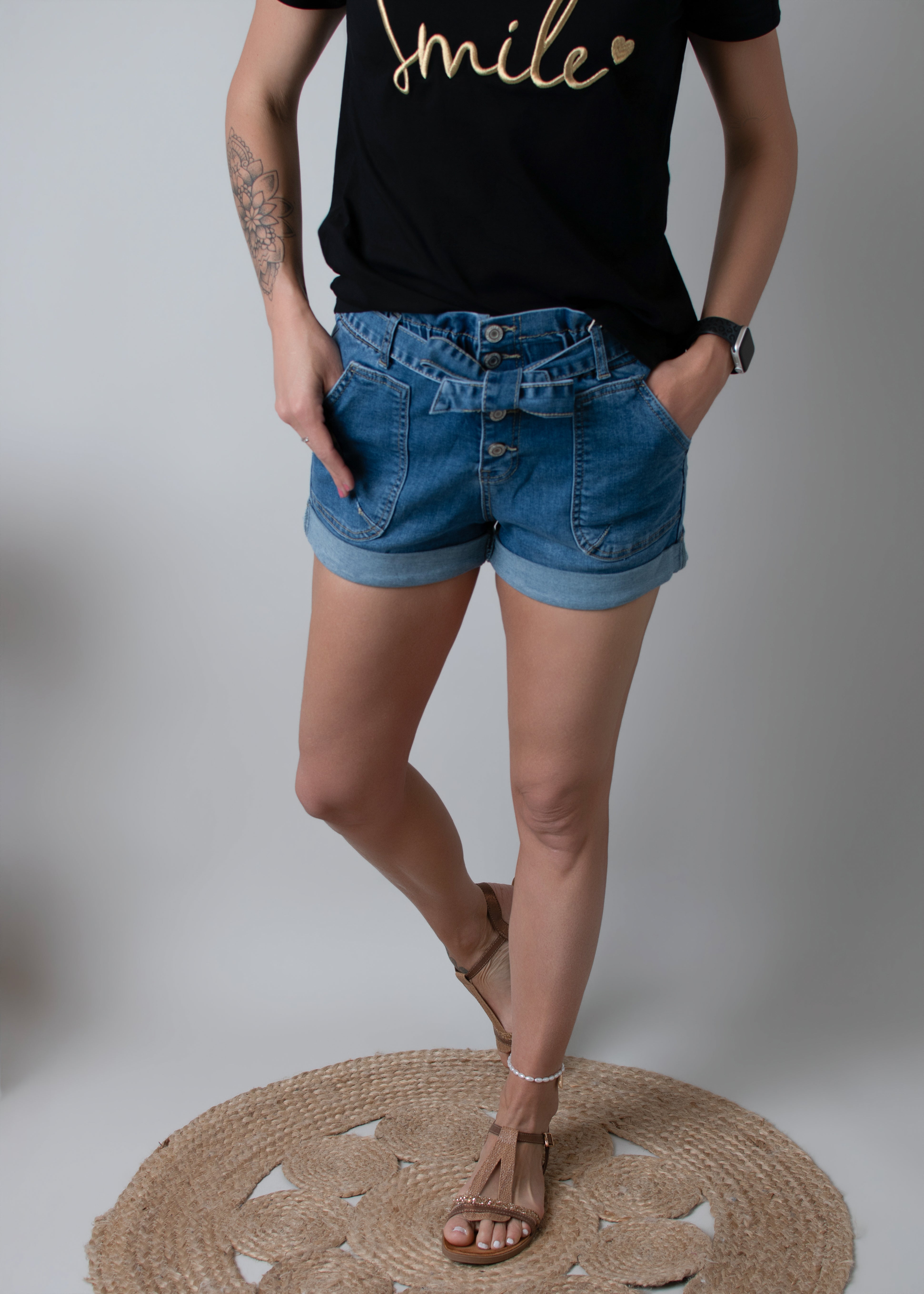 Short en Jean Denim avec Ceinture à Nouer