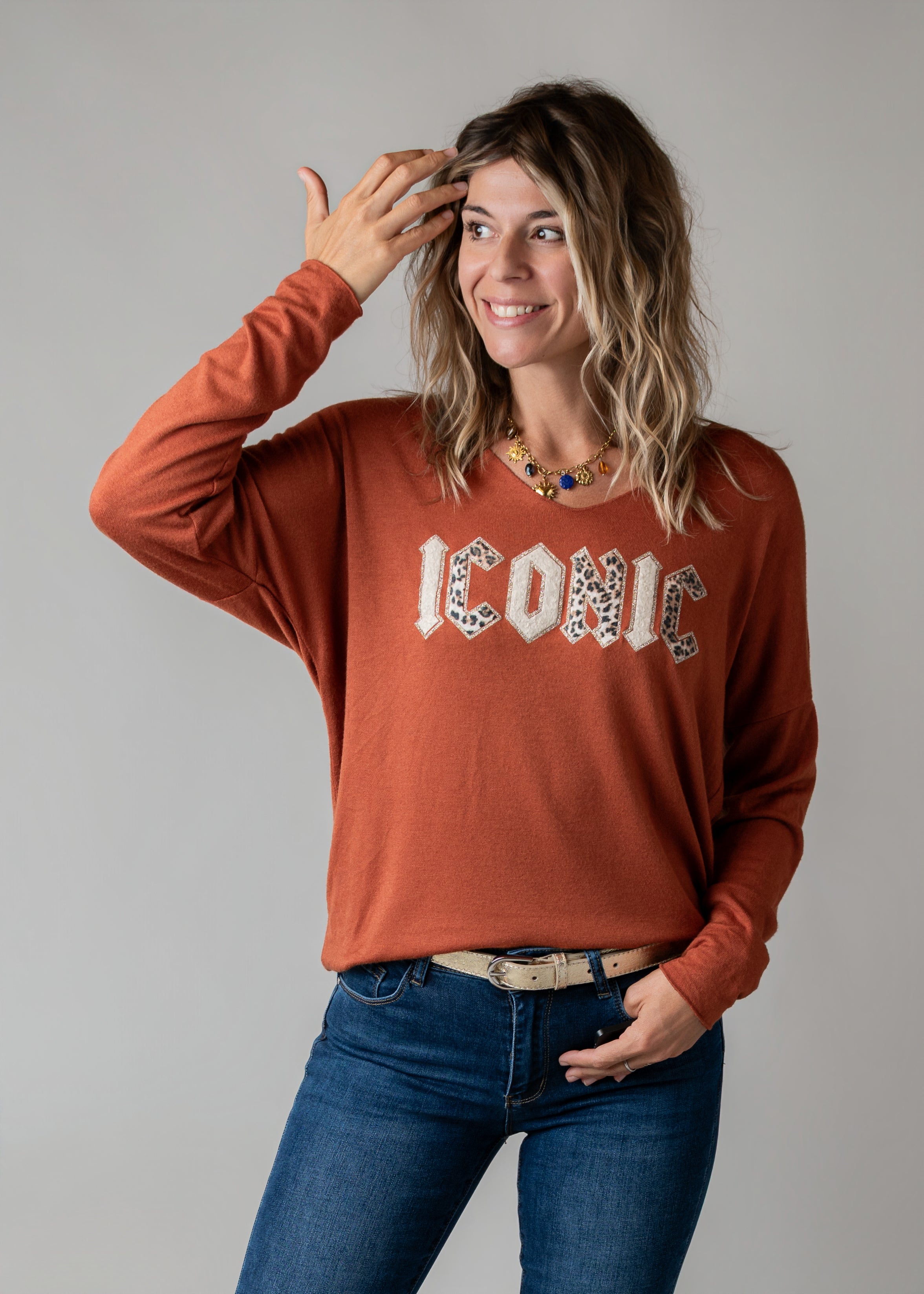 Pull fin col V terracotta Iconic la boutique de lydie