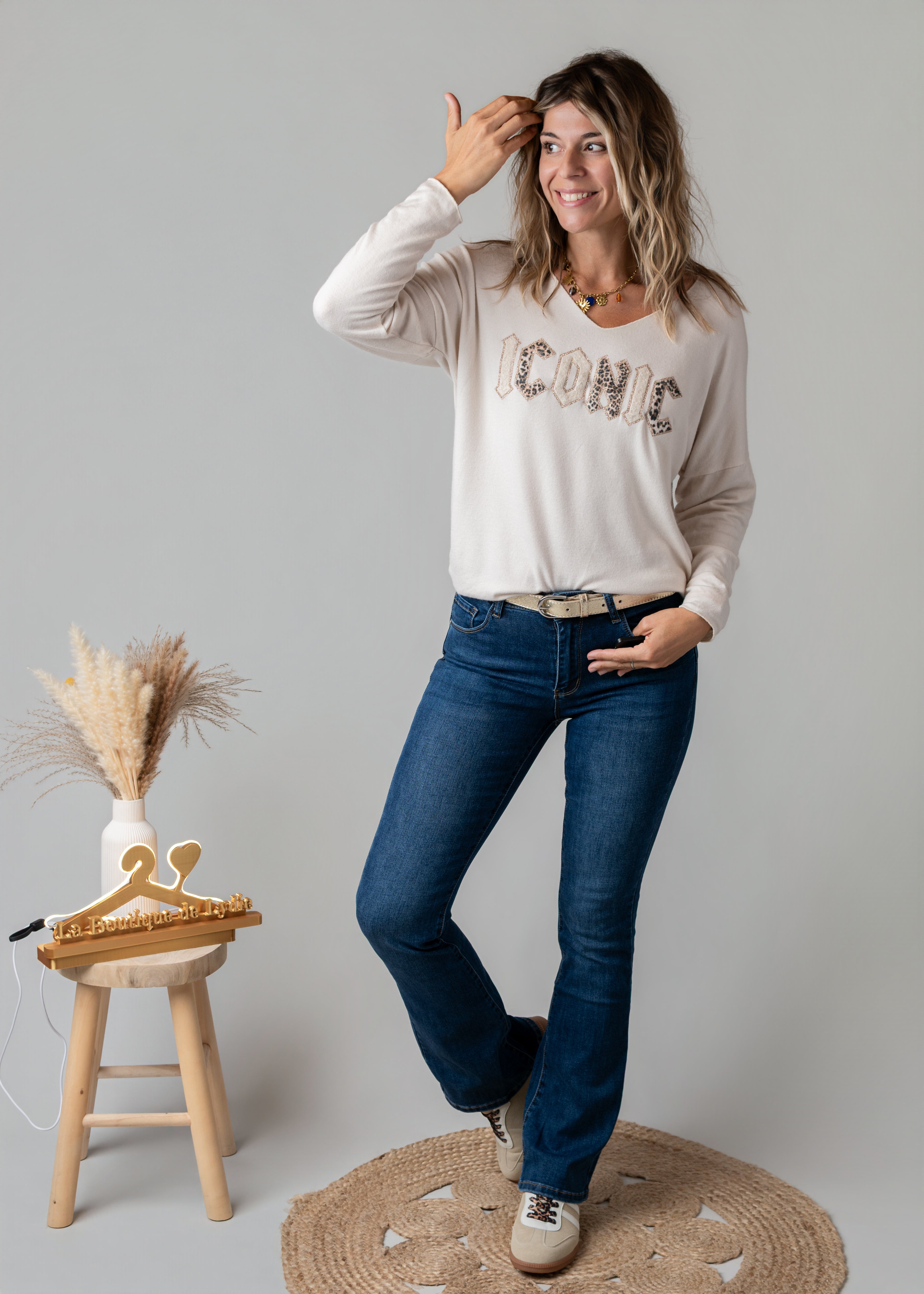 Pull fin col V écru Iconic
