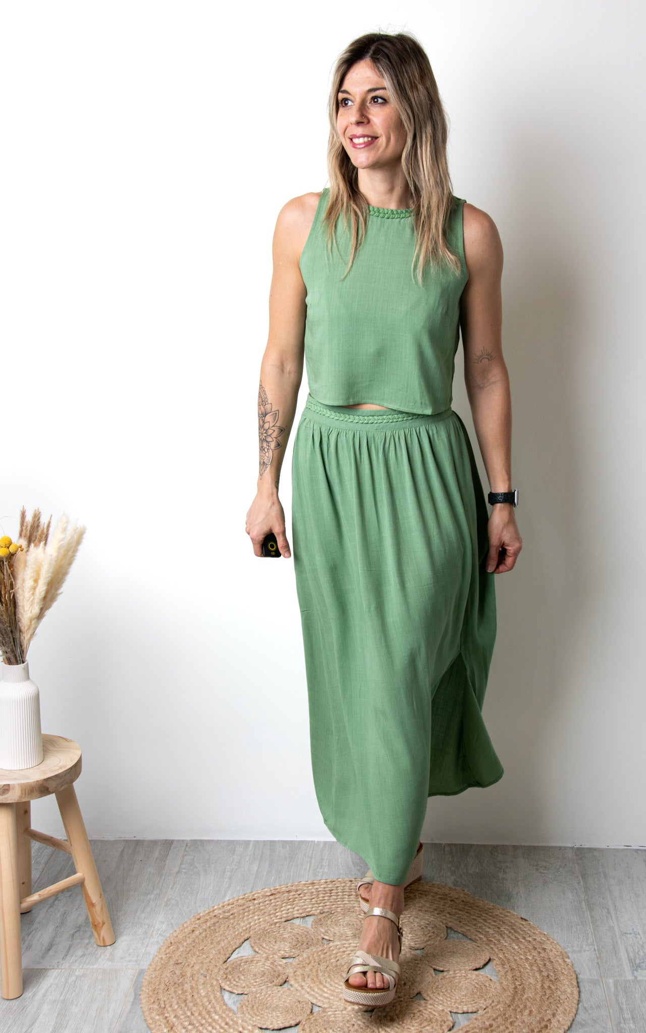 Ensemble Jupe &amp; Crop Top Vert Sauge