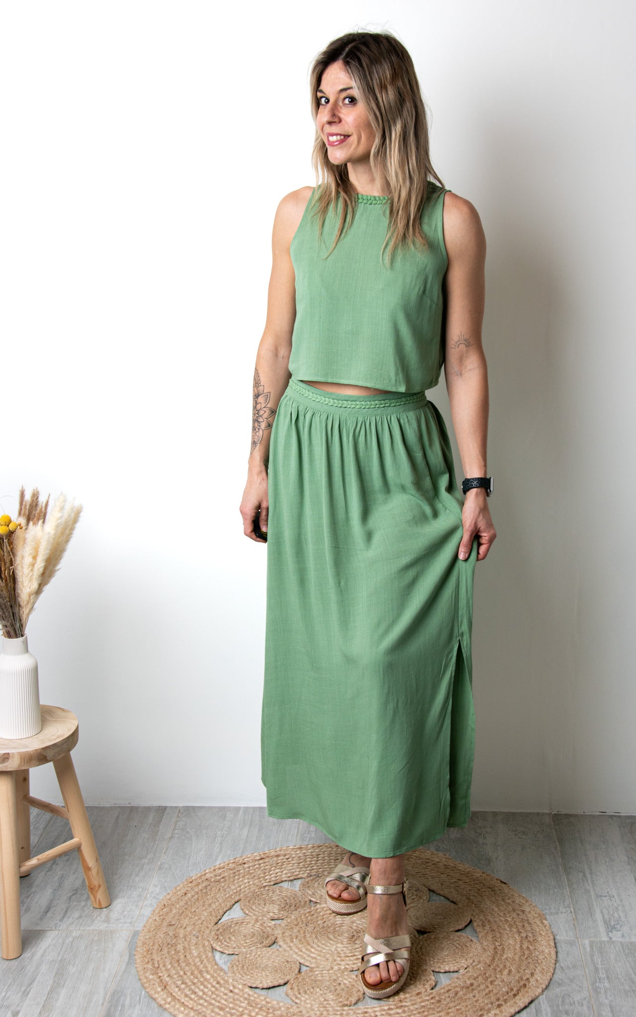 Ensemble Jupe &amp; Crop Top Vert Sauge