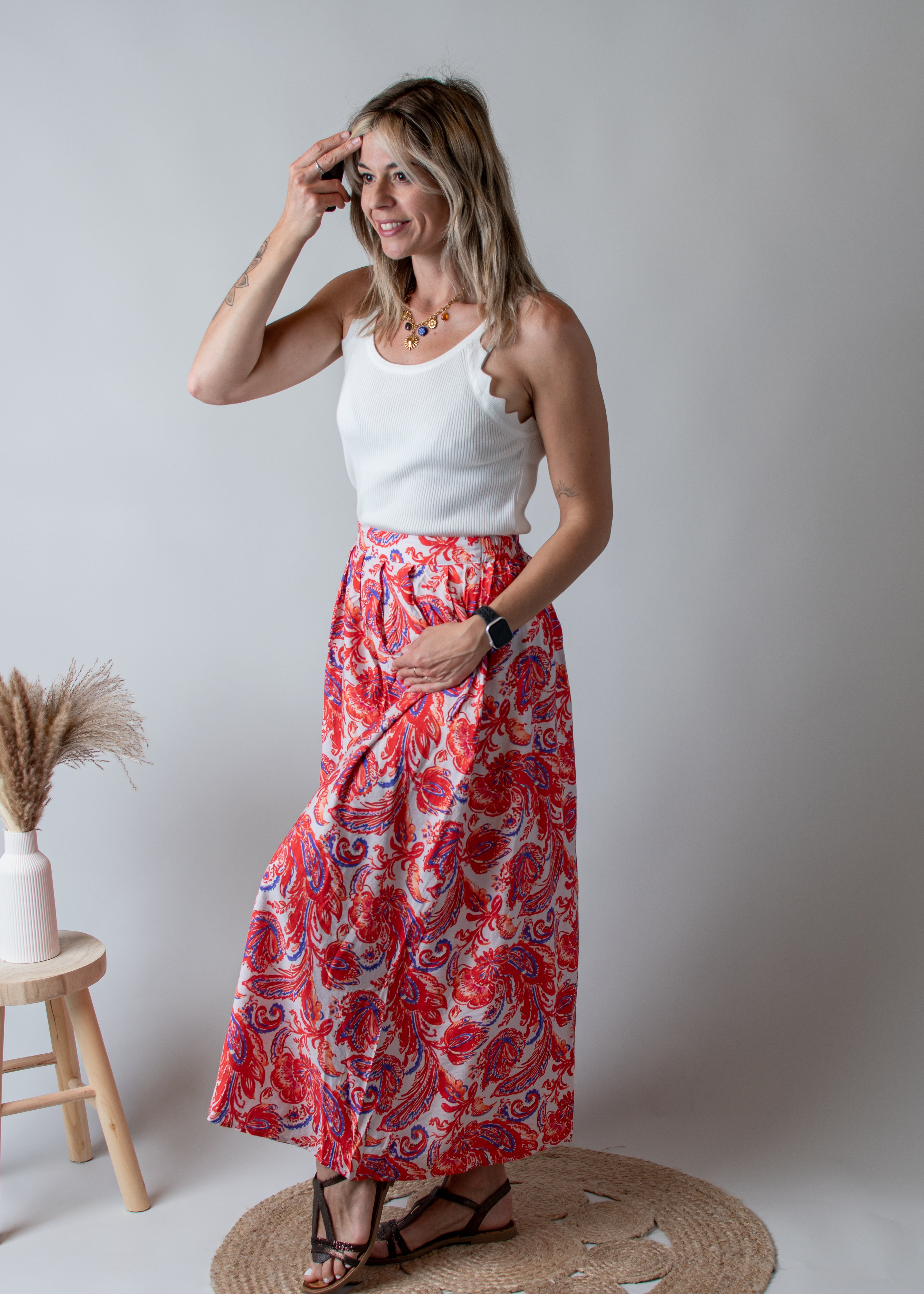 Jupe, longue fleurie orange la boutique de Lydie