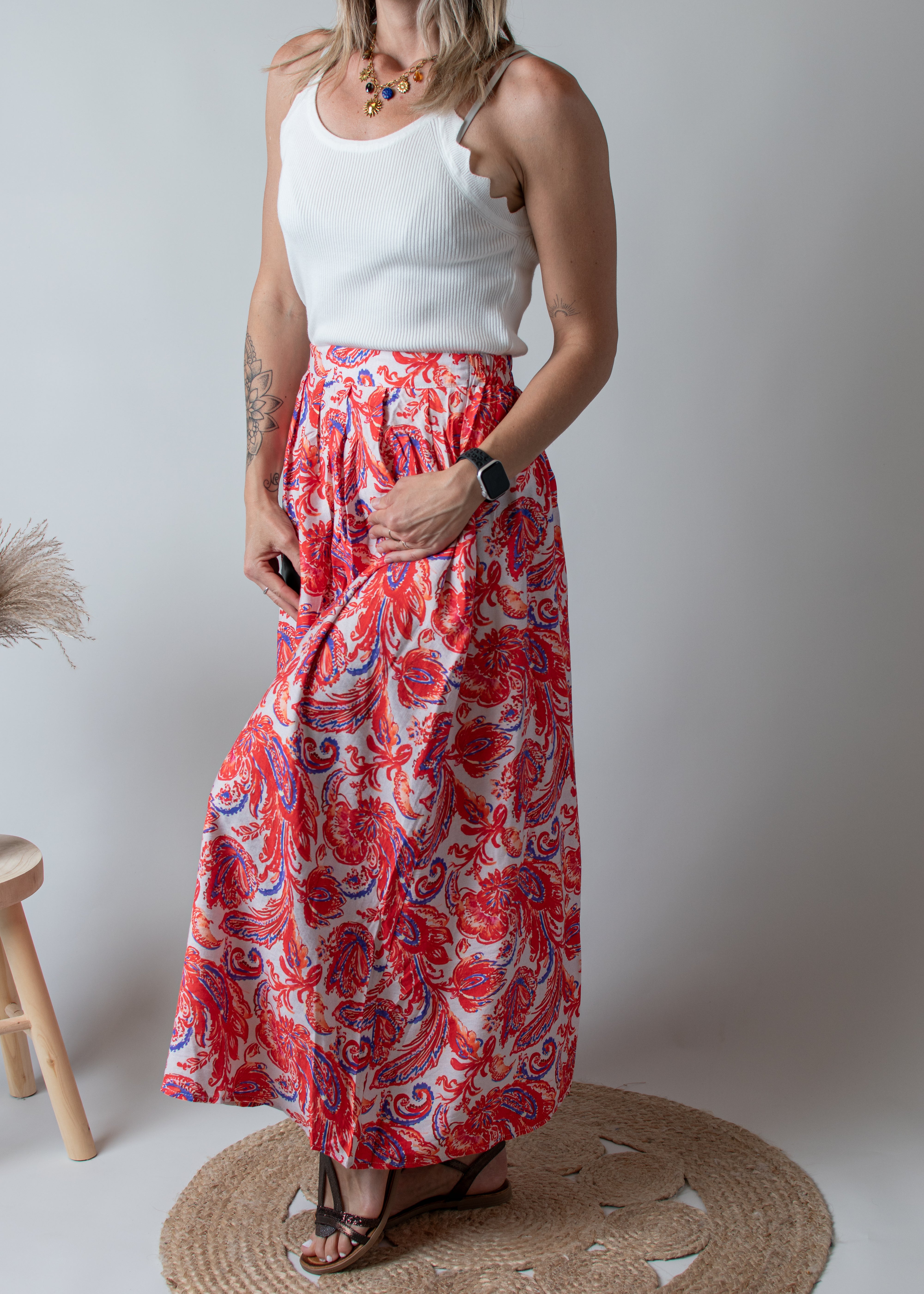 Jupe, longue fleurie orange