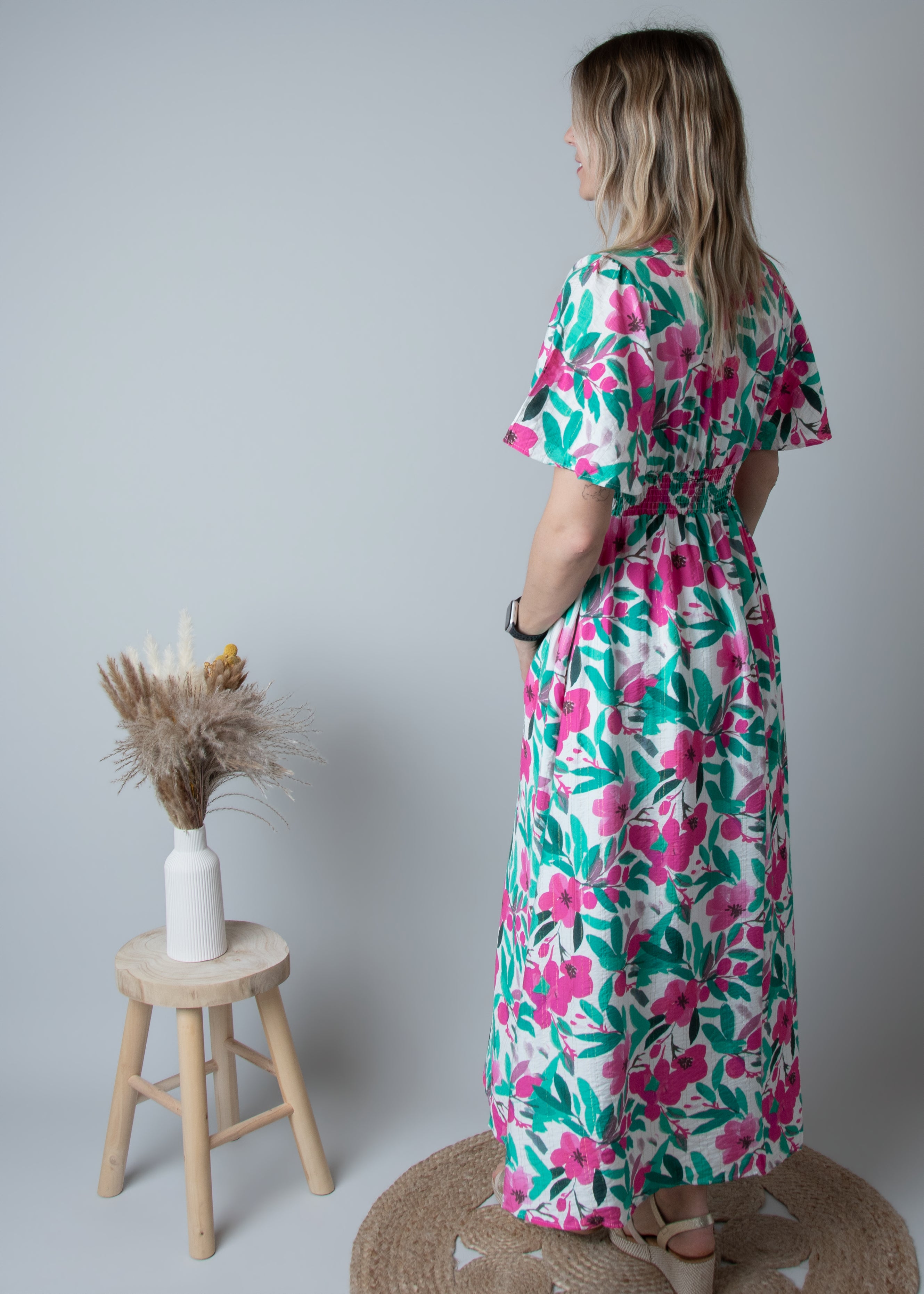 Robe Longue Fleurie - Vert  Rose
