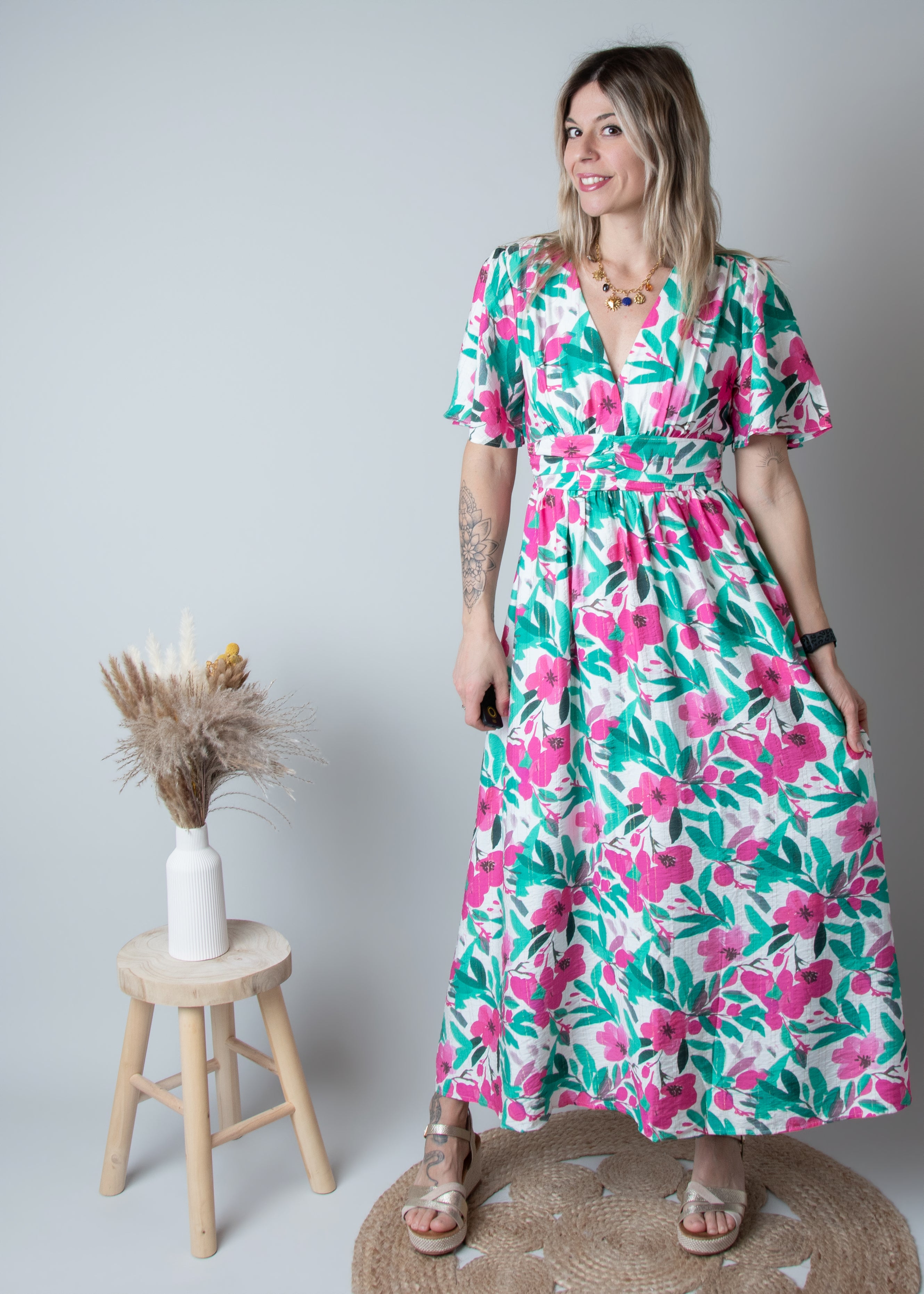 Robe Longue Fleurie - Vert  Rose