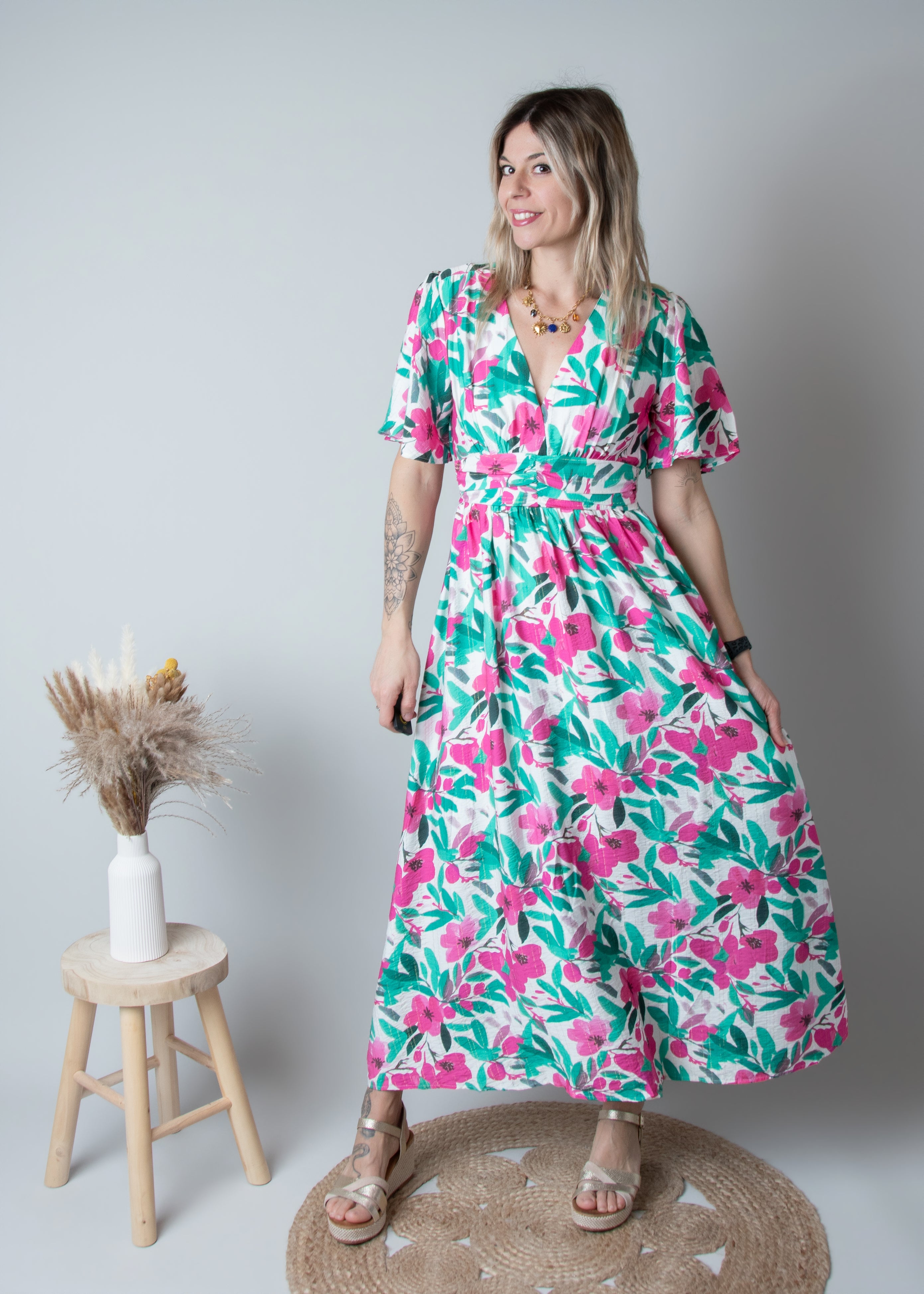 Robe Longue Fleurie - Vert  Rose