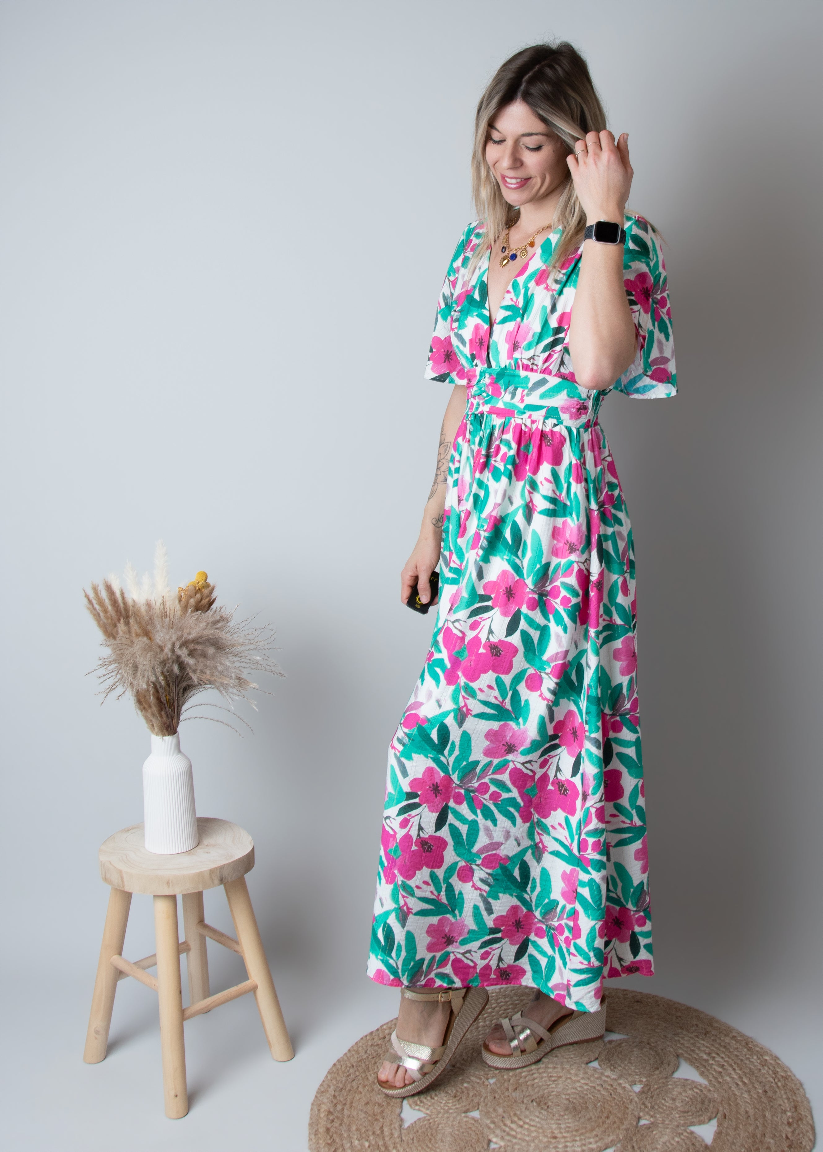 Robe Longue Fleurie - Vert  Rose la boutique de lydie