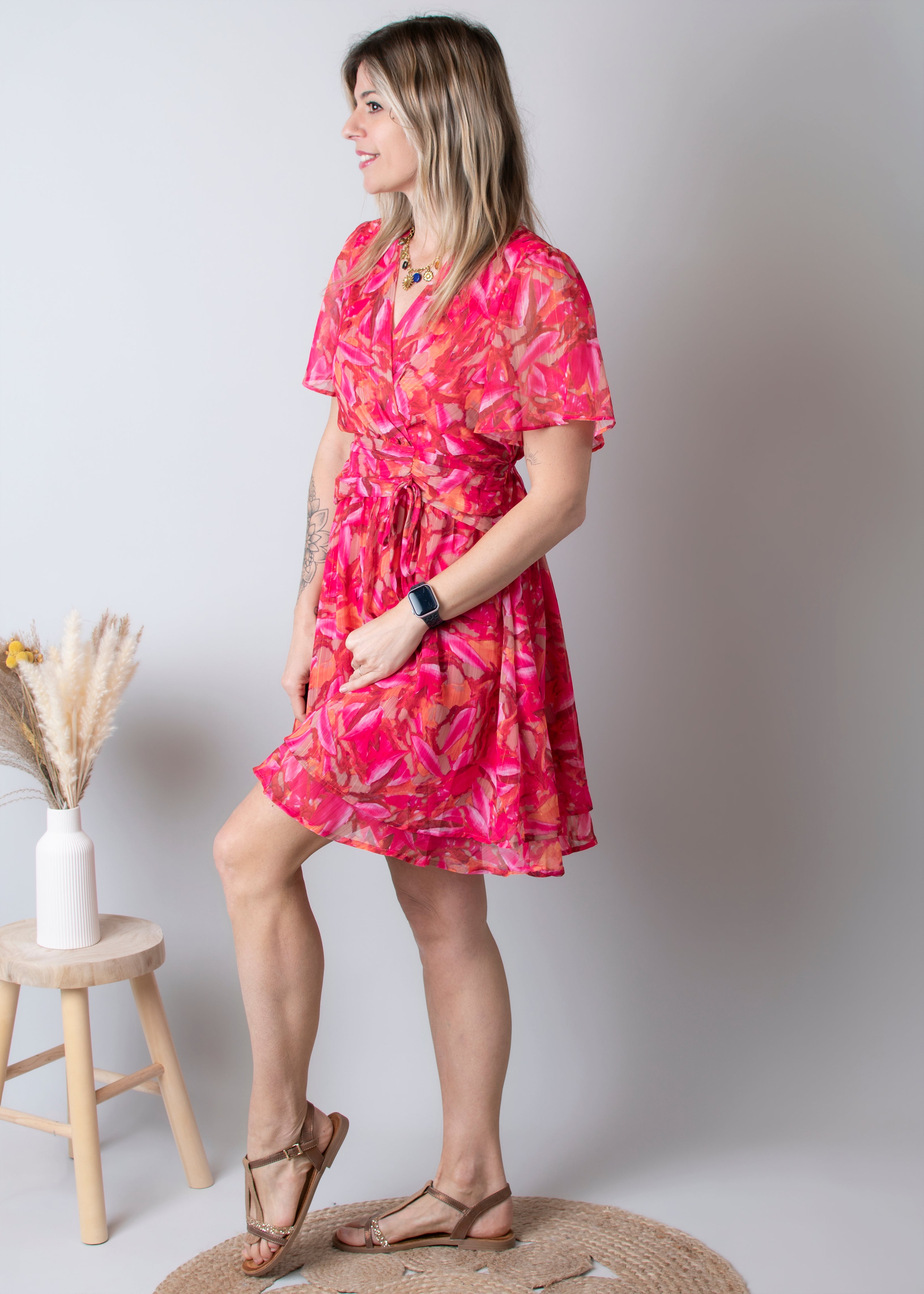 Robe cache-cœur, courte fuchsia la boutique de lydie