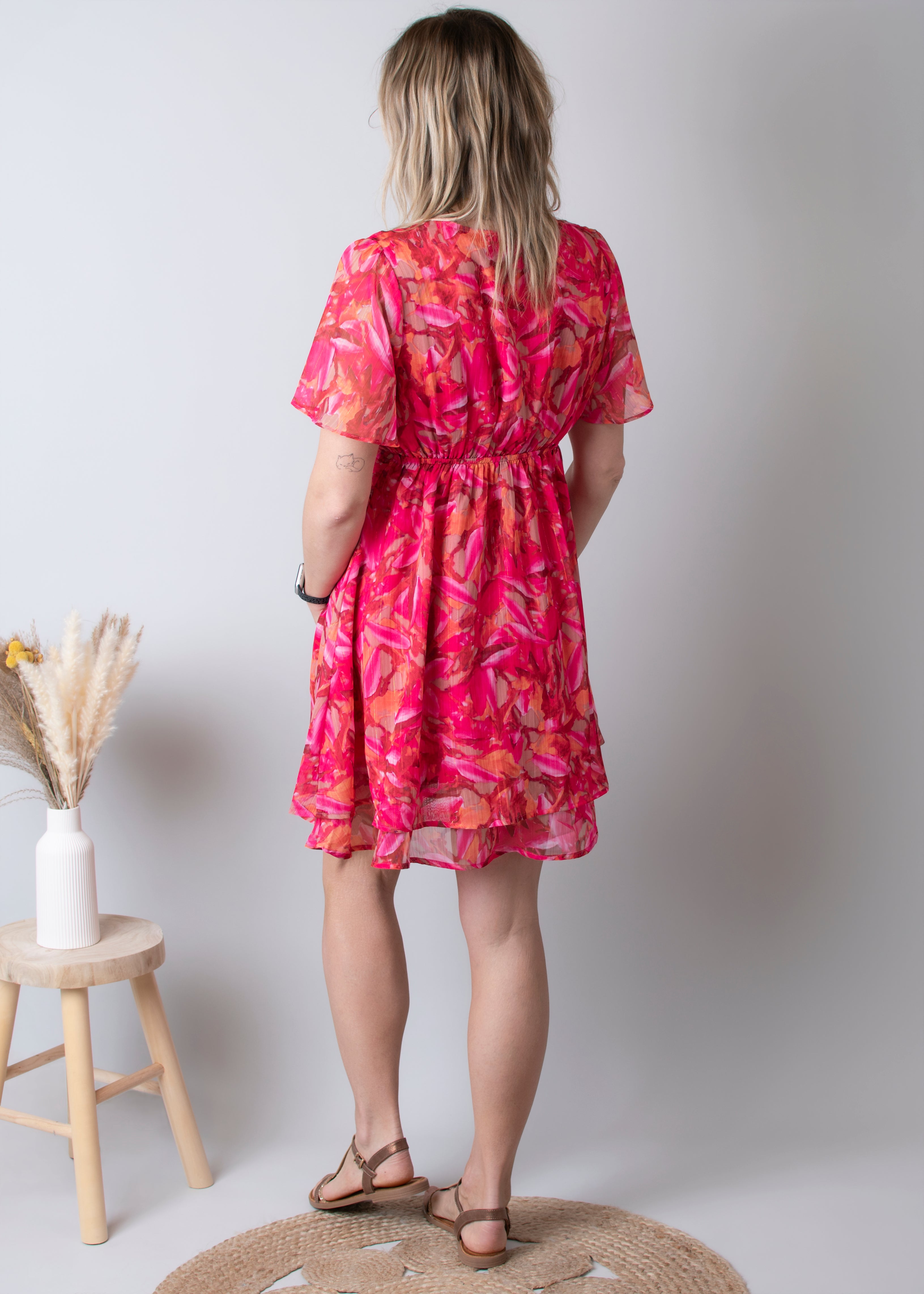 Robe cache-cœur, courte fuchsia