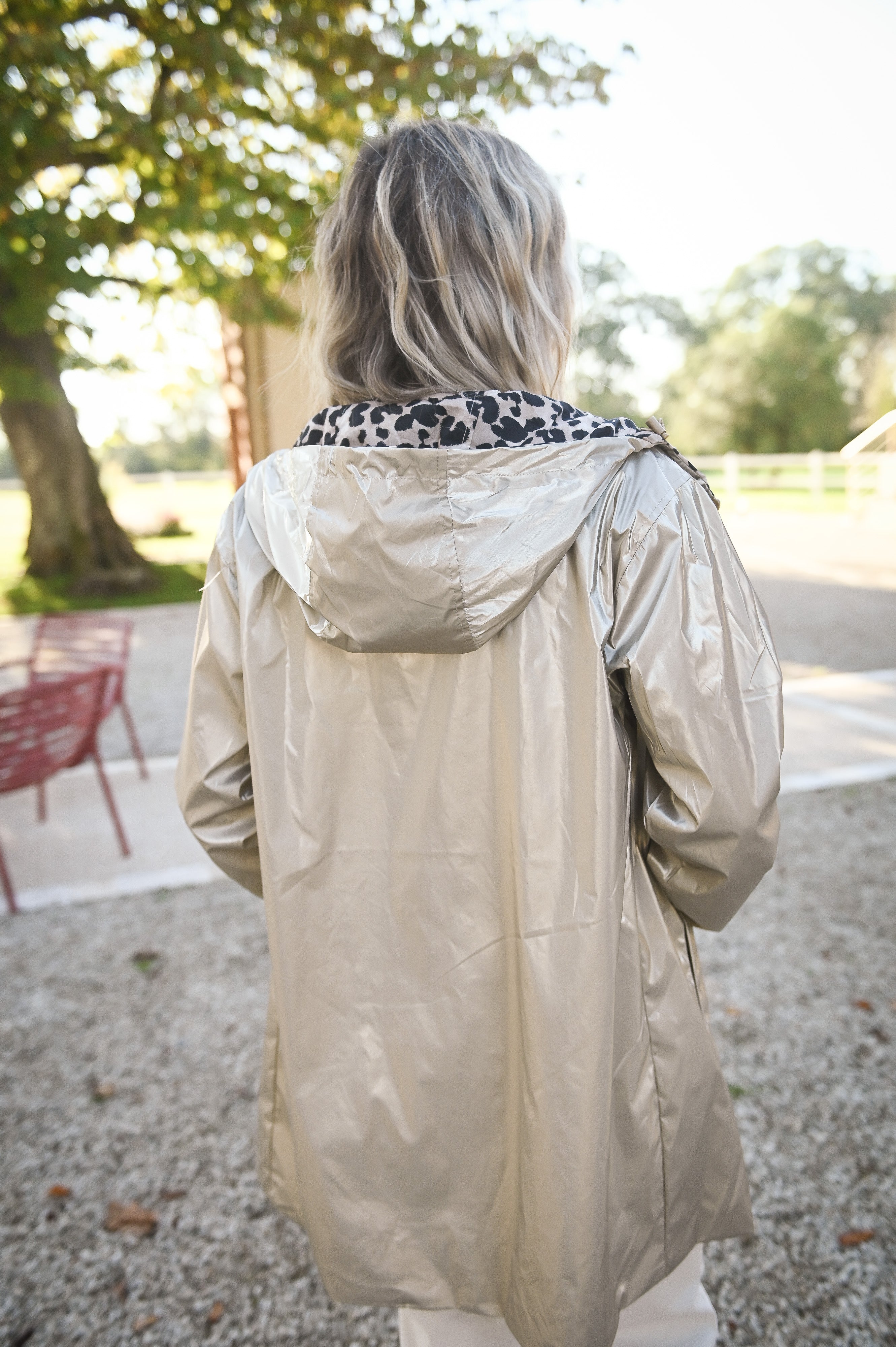 Parka léopard imperméable mi longue réversible or