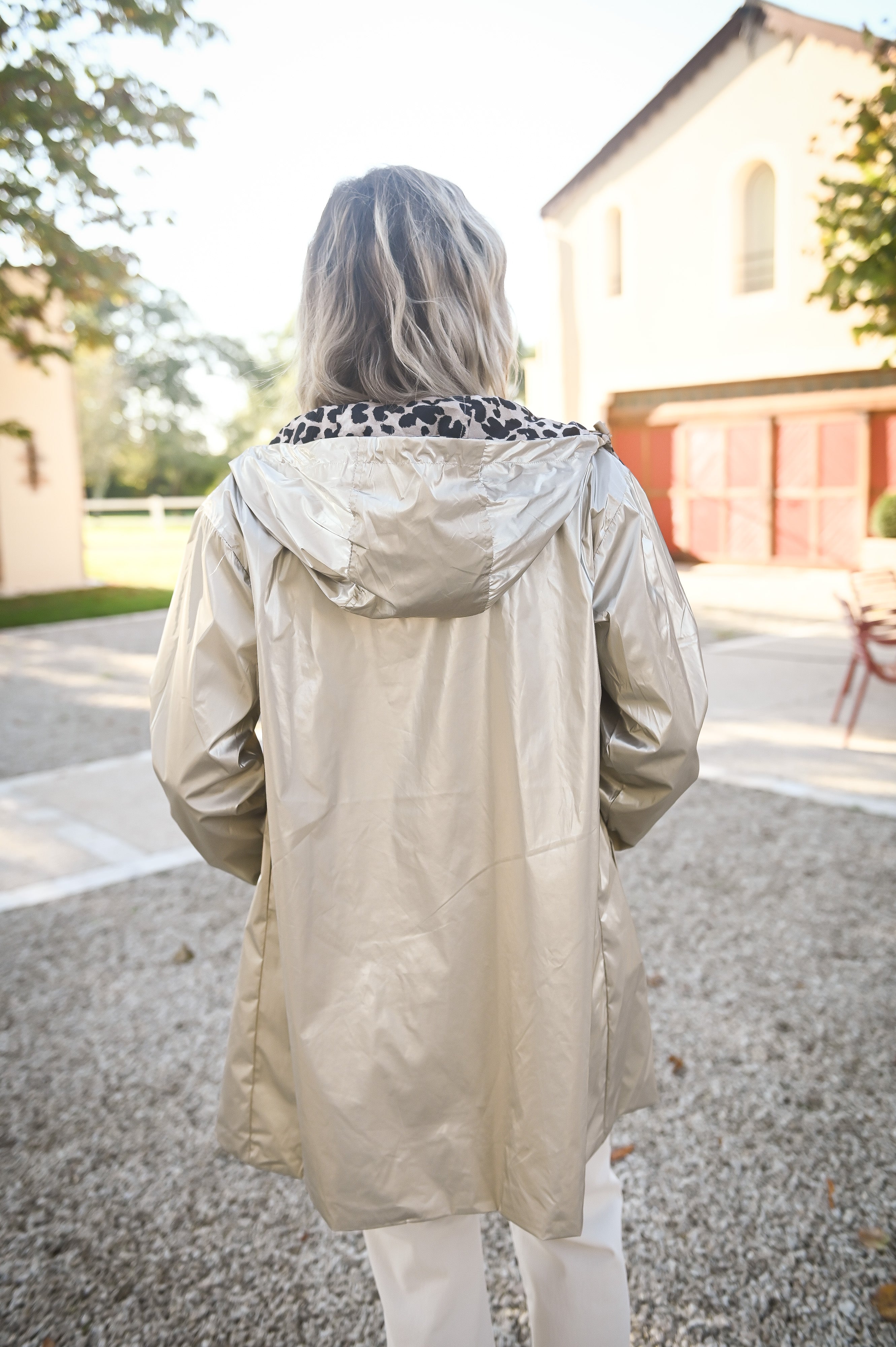 Parka léopard imperméable mi longue réversible or