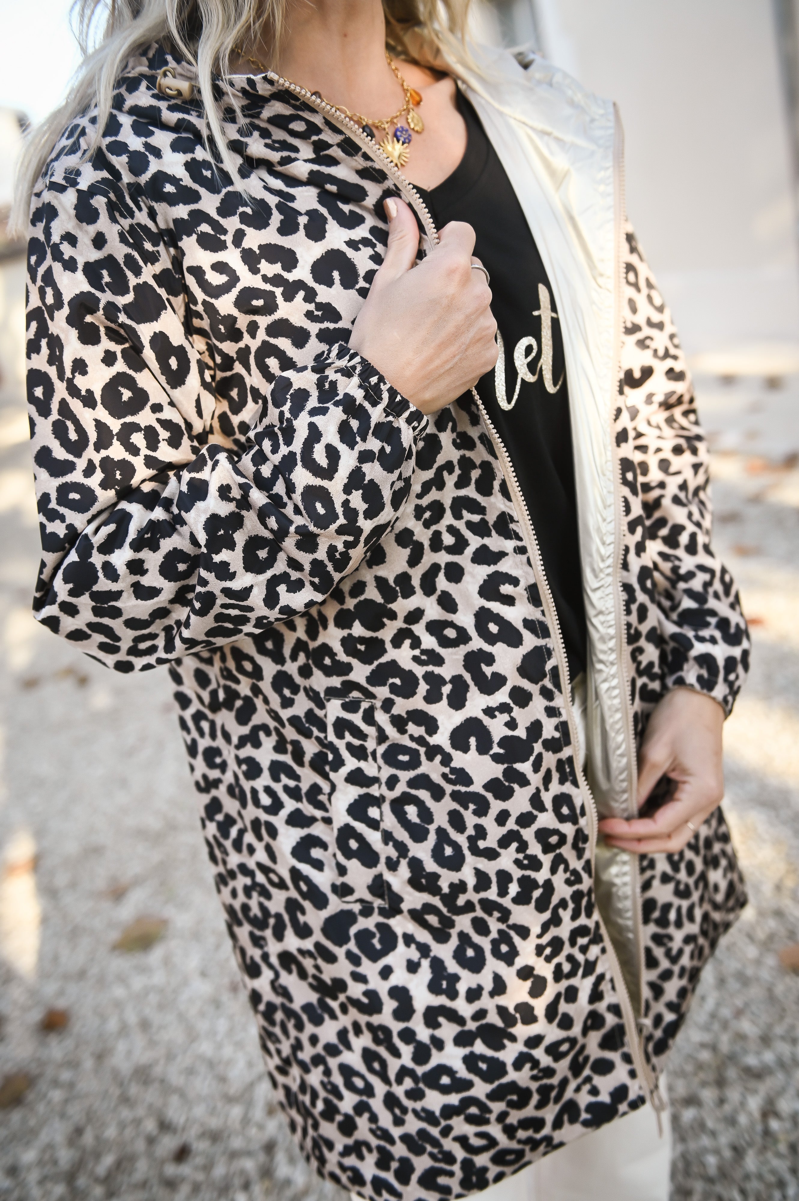 Parka léopard imperméable mi longue réversible or