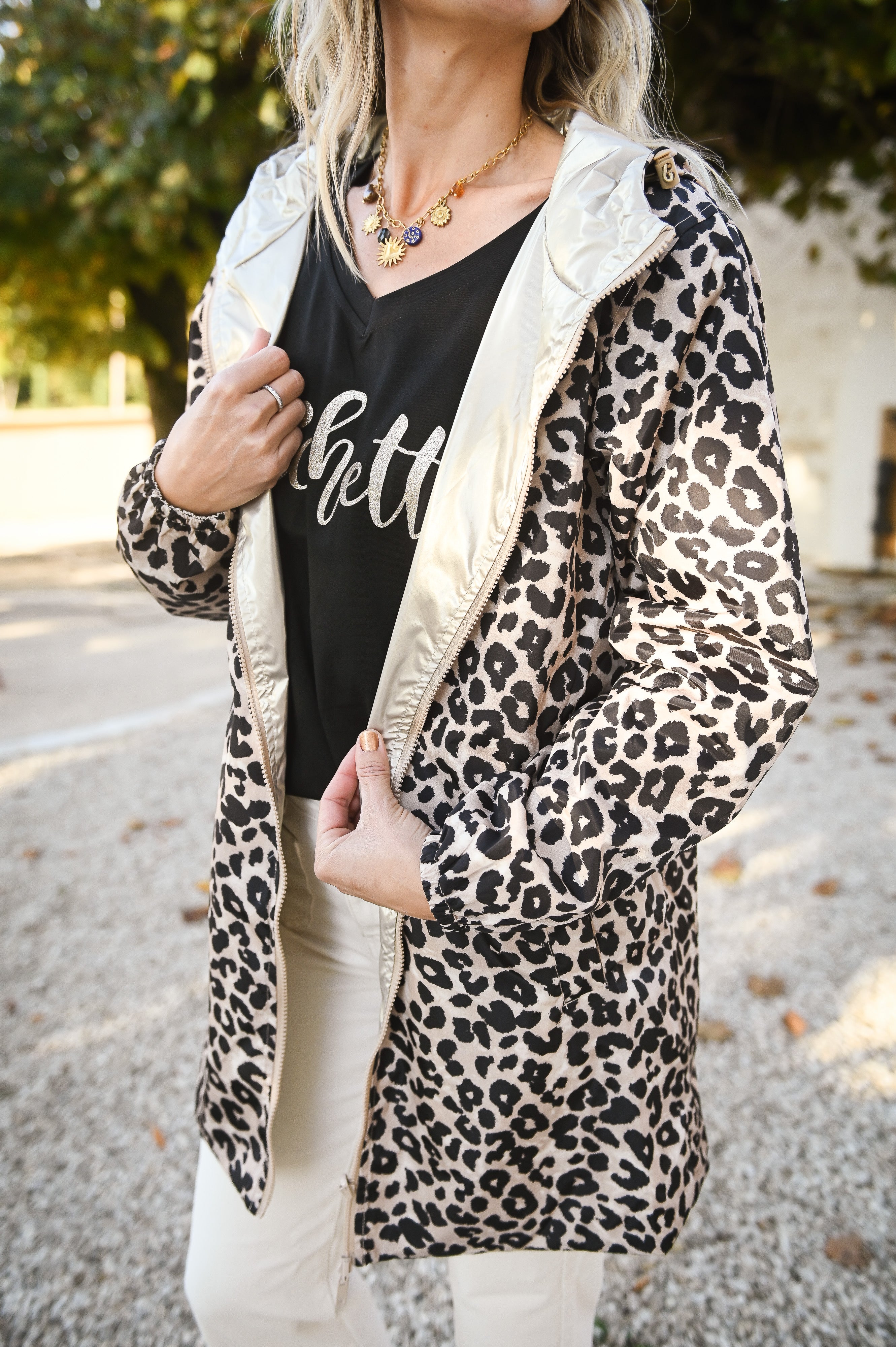 Parka léopard imperméable mi longue réversible or