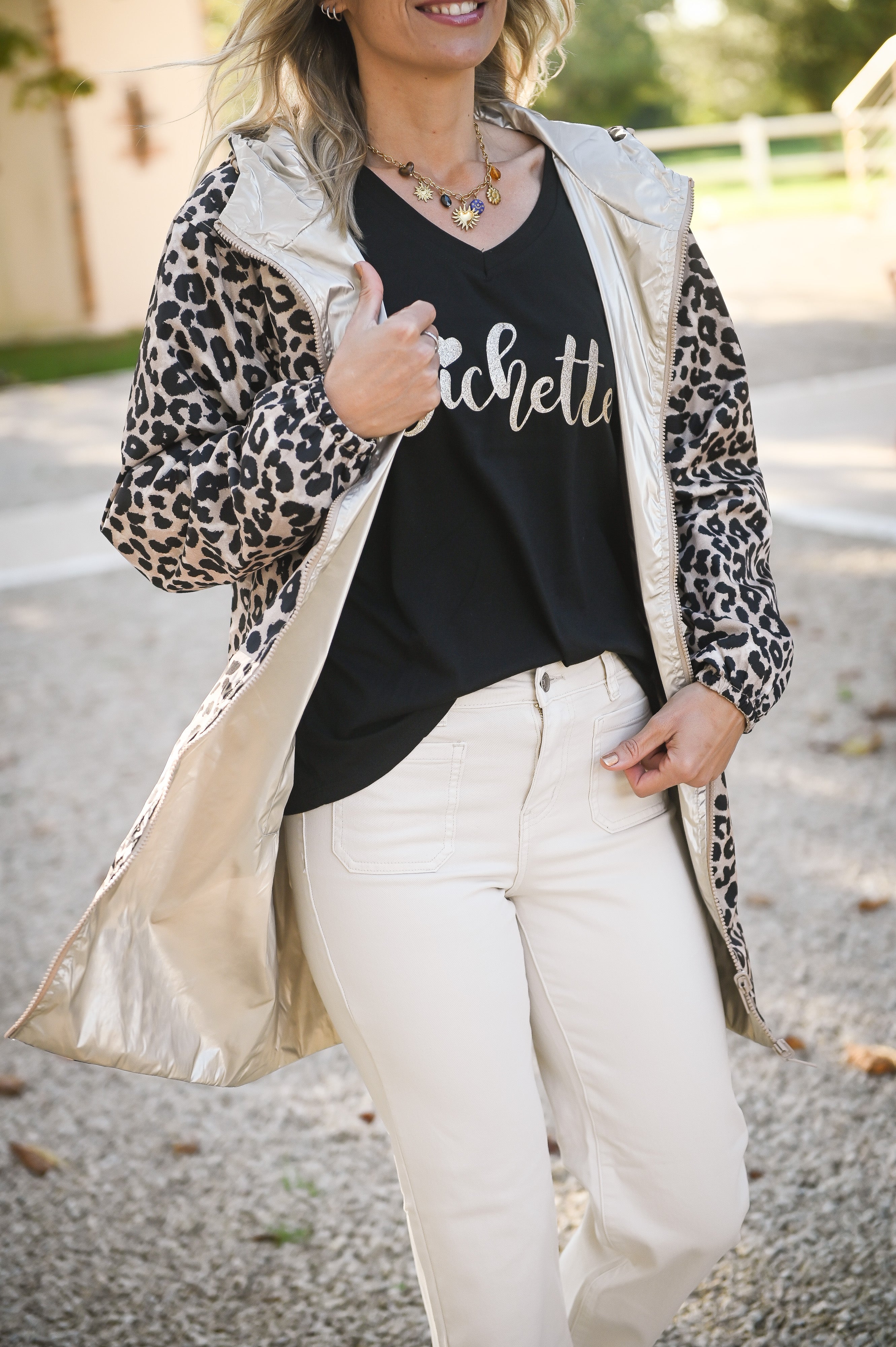 Parka léopard imperméable mi longue réversible or