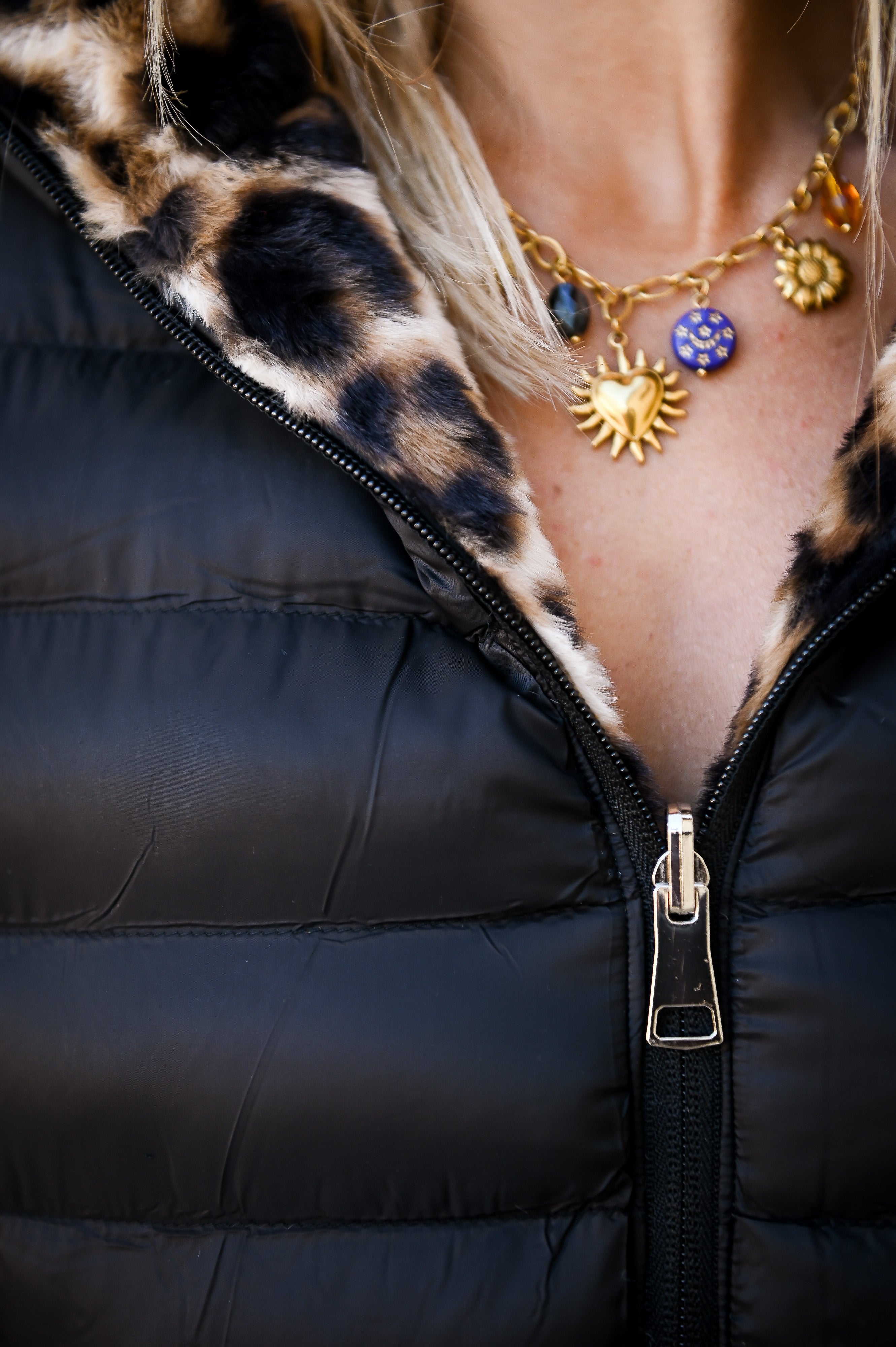 Doudoune réversible noir intérieur fourrure léopard la boutique de lydie