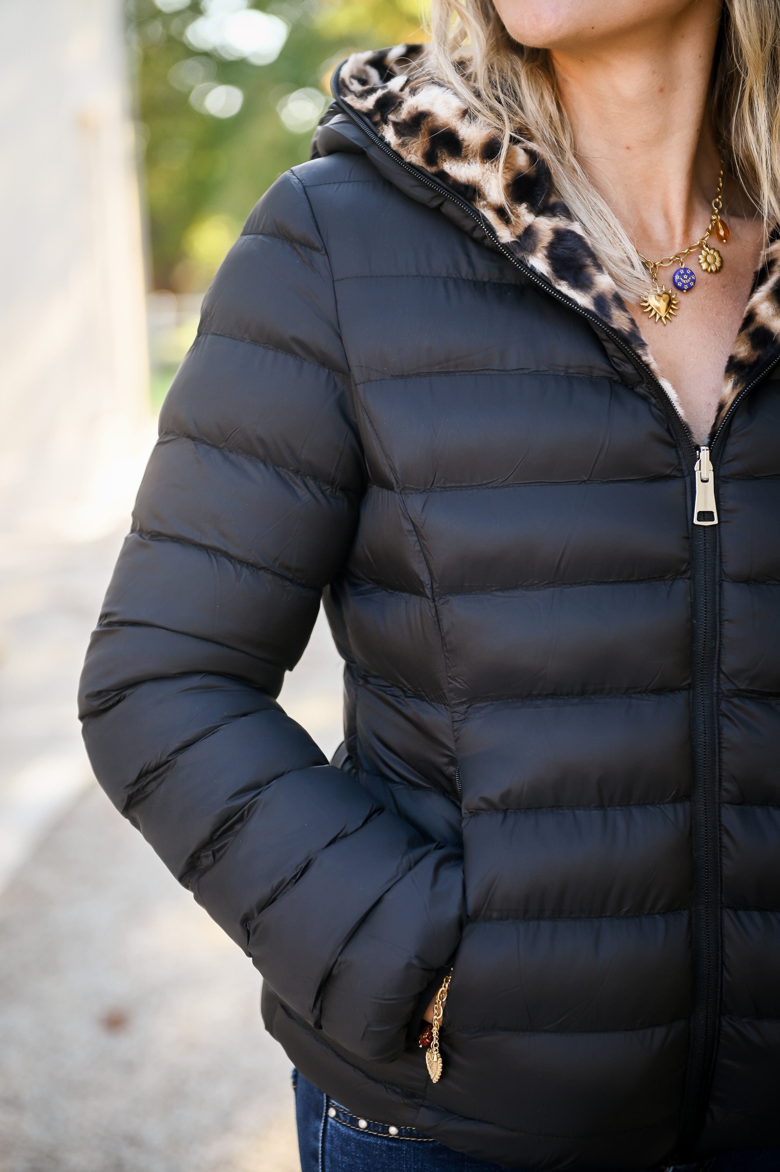 Doudoune réversible noir intérieur fourrure léopard la boutique de lydie