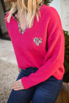 Pull fuchsia col V fleuri la boutique de lydie