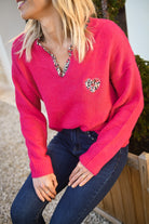 Pull fuchsia col V fleuri la boutique de lydie