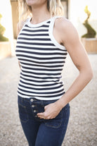 Débardeur marinière blanc rayé marine