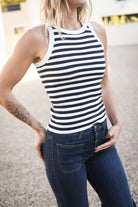 Débardeur marinière blanc rayé marine
