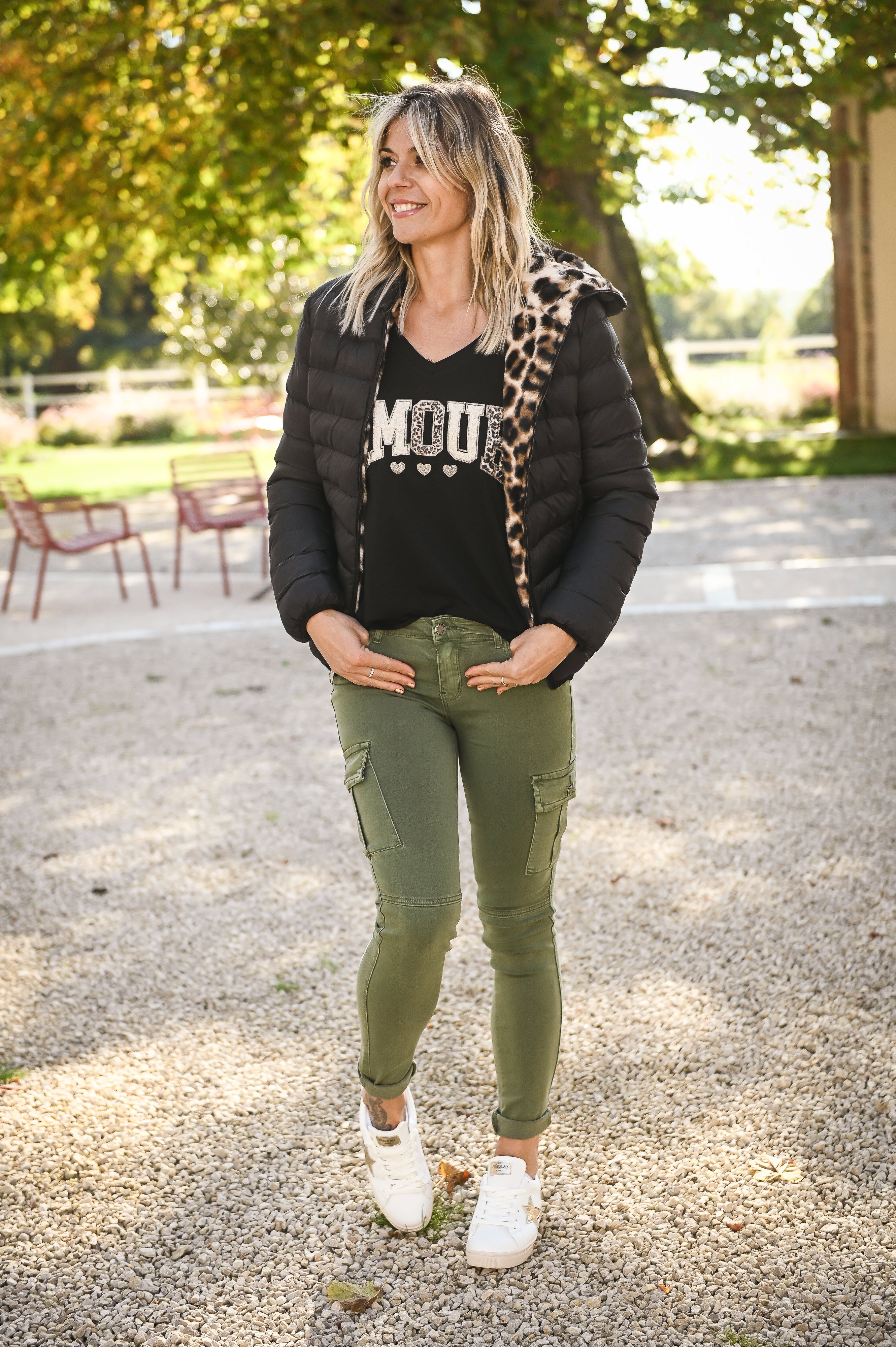 Skinny cargo kaki femme