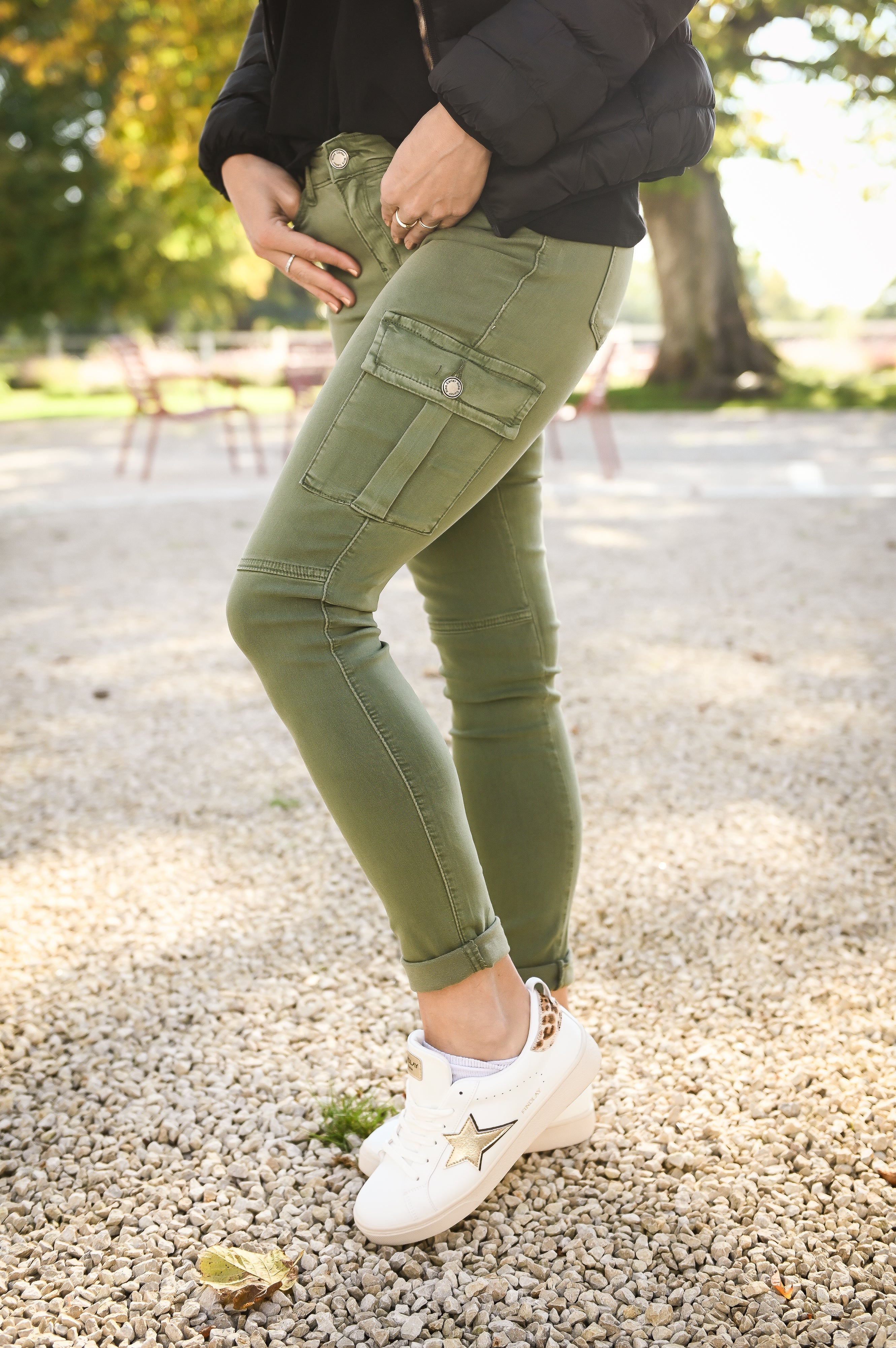 Skinny cargo kaki femme