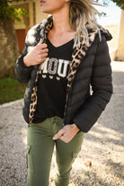 Doudoune réversible noir intérieur fourrure léopard