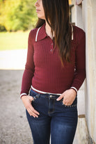 Pull fin bordeaux avec col à revers la boutique de lydie