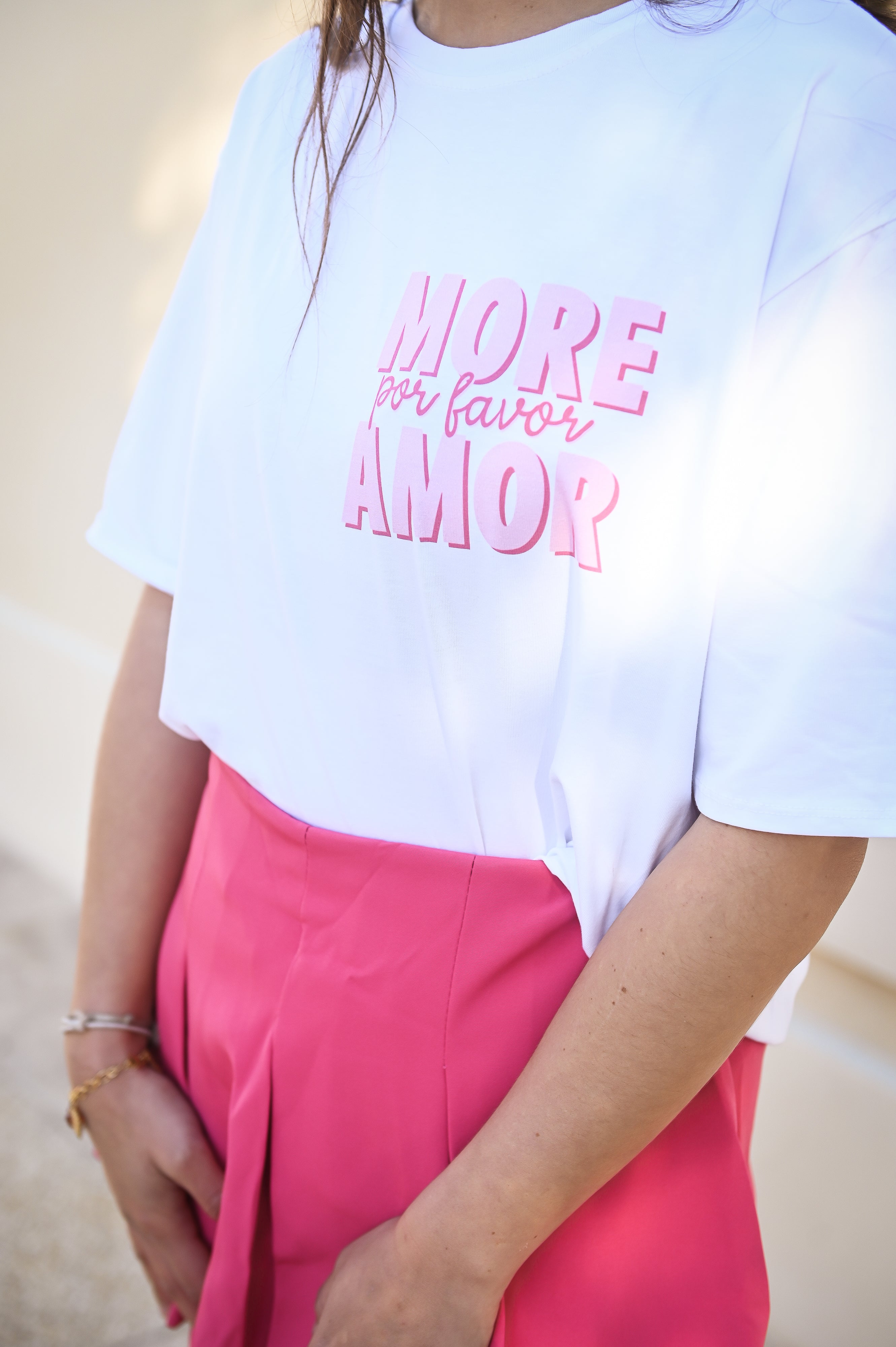 T-shirt blanc, col Rond, floqué More Amor Por favor