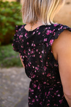 Charger l&#39;image dans la galerie, Robe longue noire fleurie rose
