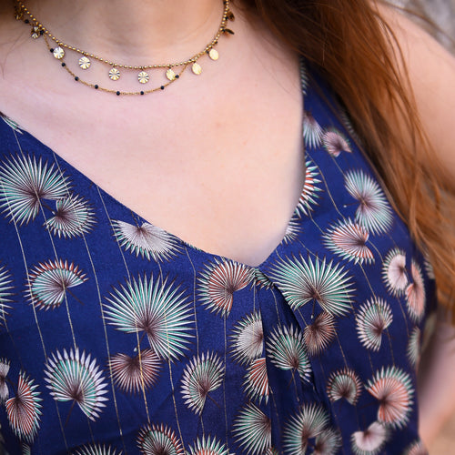 Collier chaines doubles en acier inoxydable doré perles noires