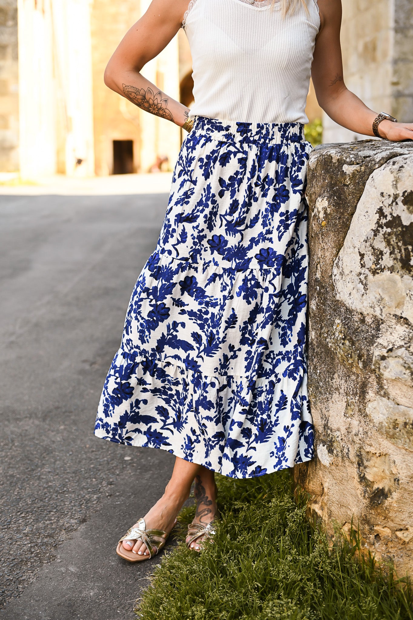 Jupe longue écru imprimée bleu la boutique de lydie 