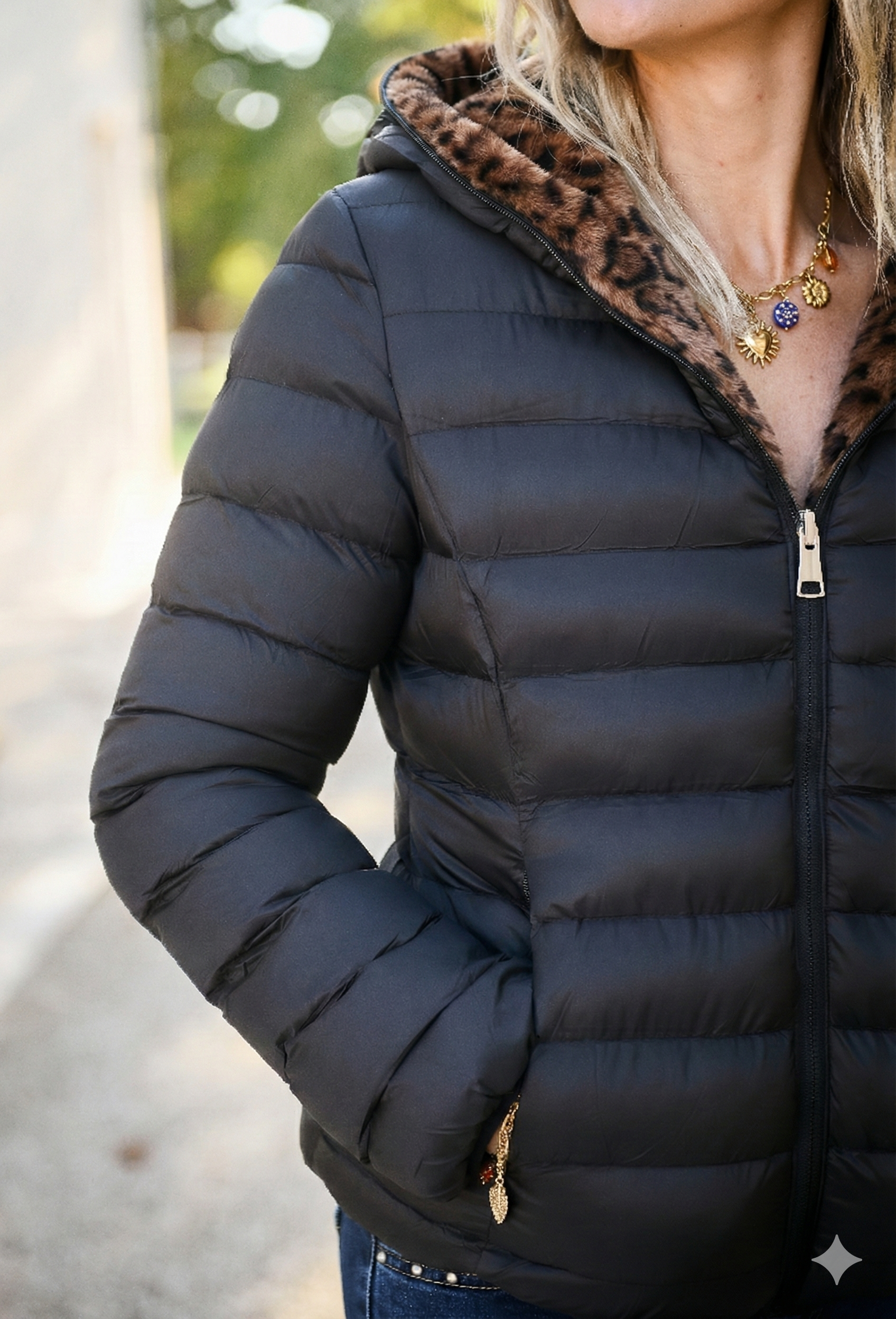 Doudoune réversible noir intérieur fourrure chocolat léopard