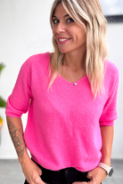 Pull fuchsia, col V, manches 3/4, matière douce la boutique de lydie